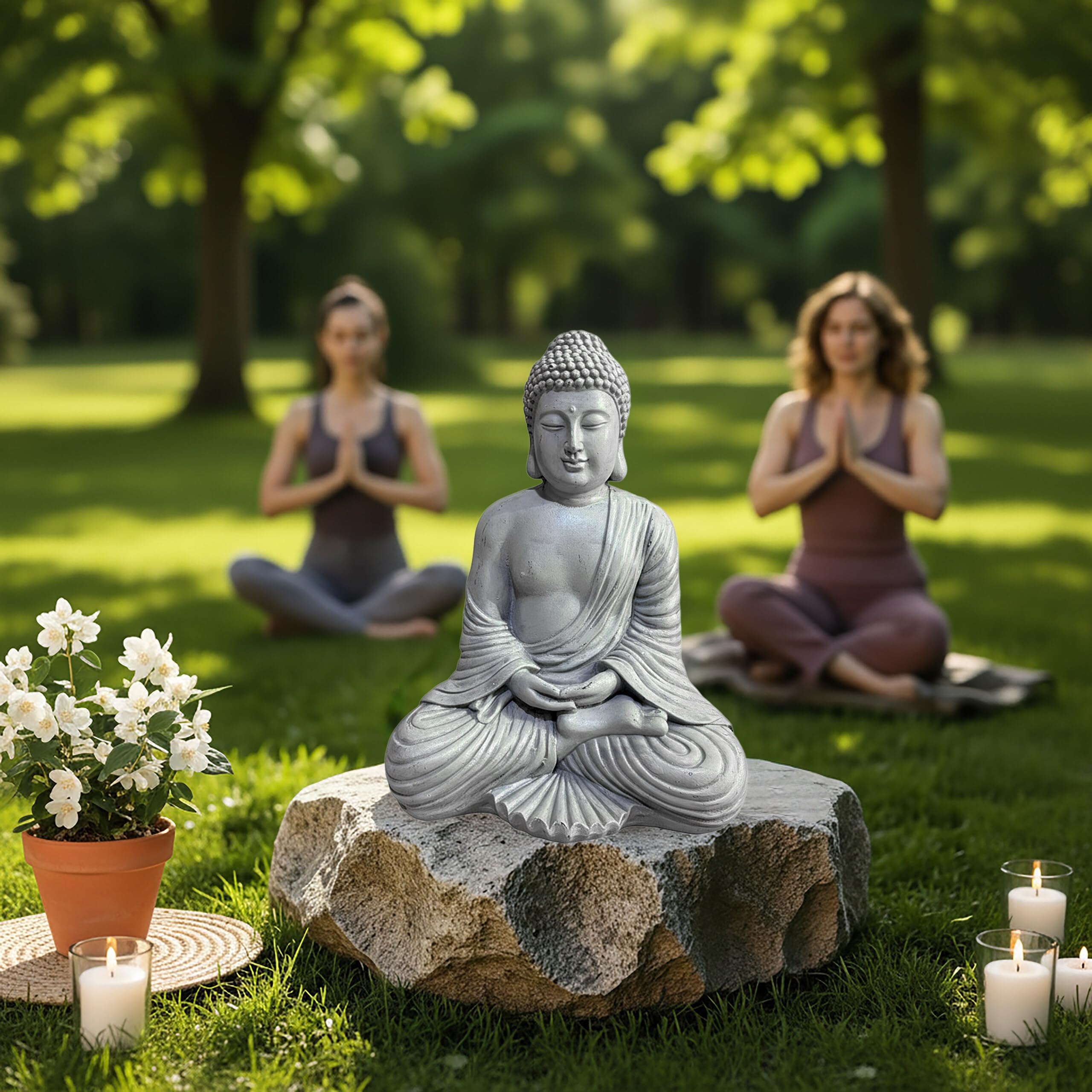 Relaxdays Figura de Buda Sentado 42 cm Resistente a heladas jardín, Estatua Vintage Gris Claro