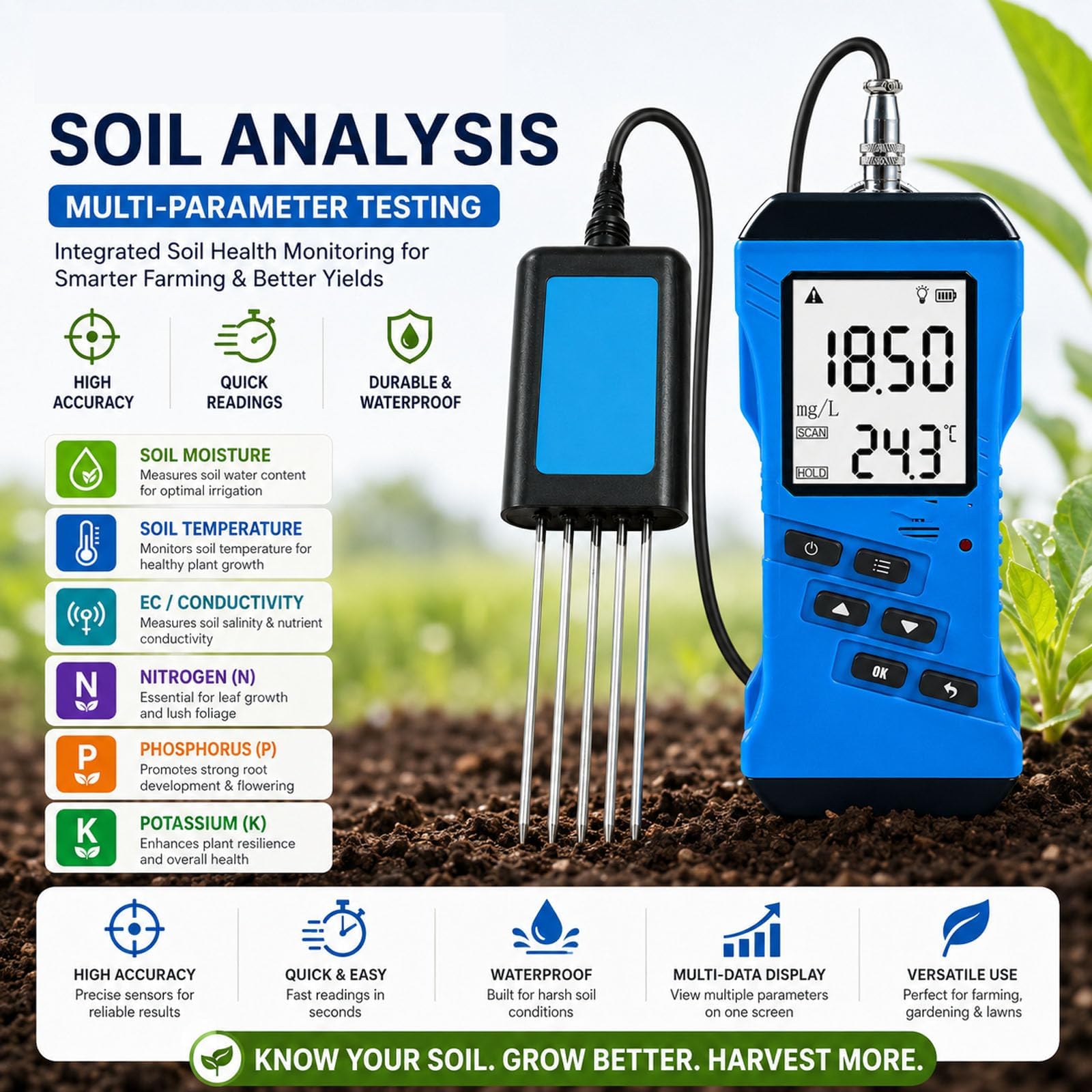 Tester gleby 4 w 1, miernik pH wilgotności NPK dla roślin, przewodność składników odżywczych, potas, fosfor, temperatura -40-80°C, wodoodporny do gospodarstwa