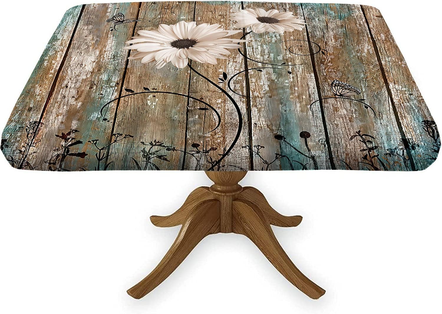 Meetfeb Daisy Flower Fitted Tablecloth Square, Old Rustic White Wooden Table Cover with Elastic Edge, Fits to 48x48 in Square Table, Great for Picnic,
