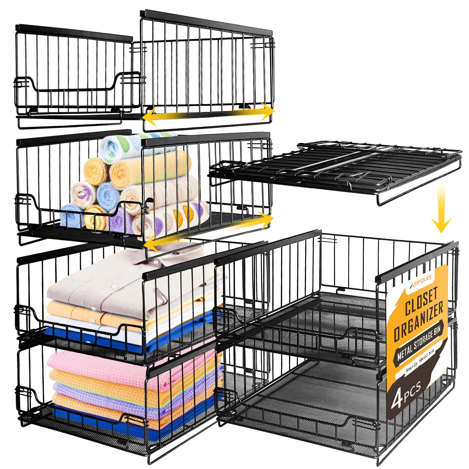 Closet Organizer Storage Drawers for Clothes, Stackable Metal Storage Bins, Sliding Closet Organizers and Storage Shelves, Closet Wardrobe for Folded Clothes Jeans Pants (Black-4PCS)