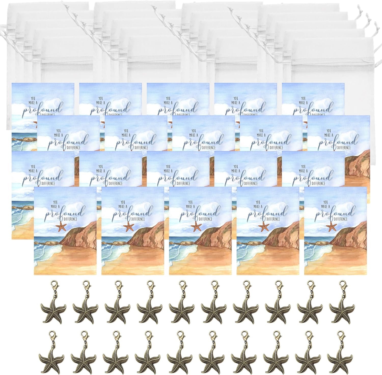 Smiling Wisdom - 20 Bulk Gifts - Starfish Story - You Make a Profound Difference - Employee Staff Team Teacher Greeting Cards and Bronze Charm Keepsakes - 60 Pcs (20 Charms)