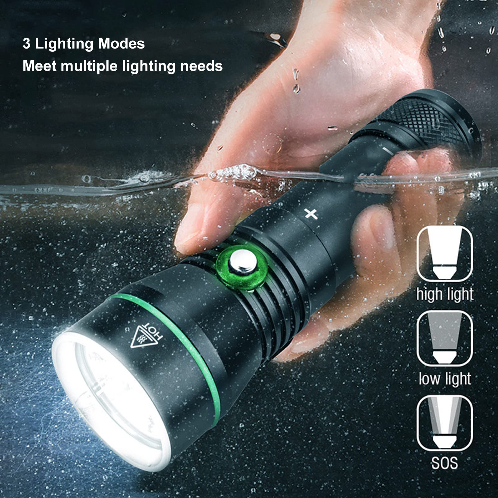 Fydun High Bright IPX8 Diving Flashlight 110 Meter Underwater Lighting with 3 Modes Abrasion Aluminum Alloy Build for Outdoor, Fydunem6ft4b1x8
