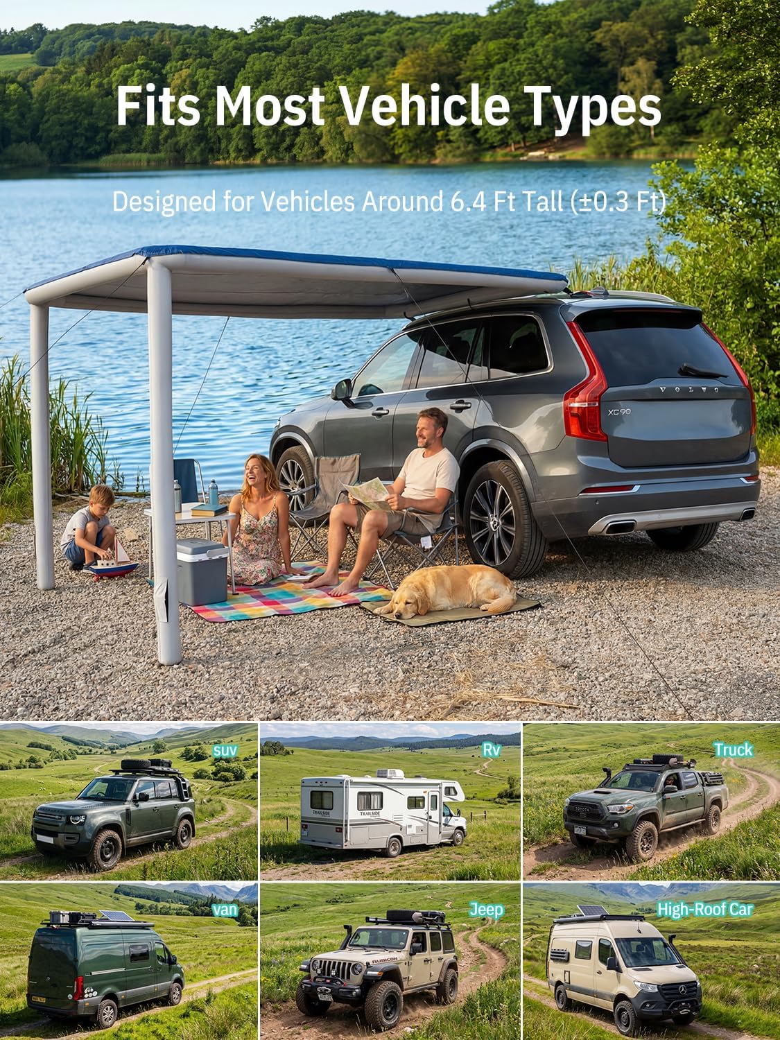 Niphean Car Awning for SUV, Truck & Van, 2-Min Quick Setup Vehicle Awning, No Roof Rack Required, Inflatable Rooftop Camping Sun Shade 8.2’ x 6.5’, Waterproof UV50+, Durable & Wind-Resistant