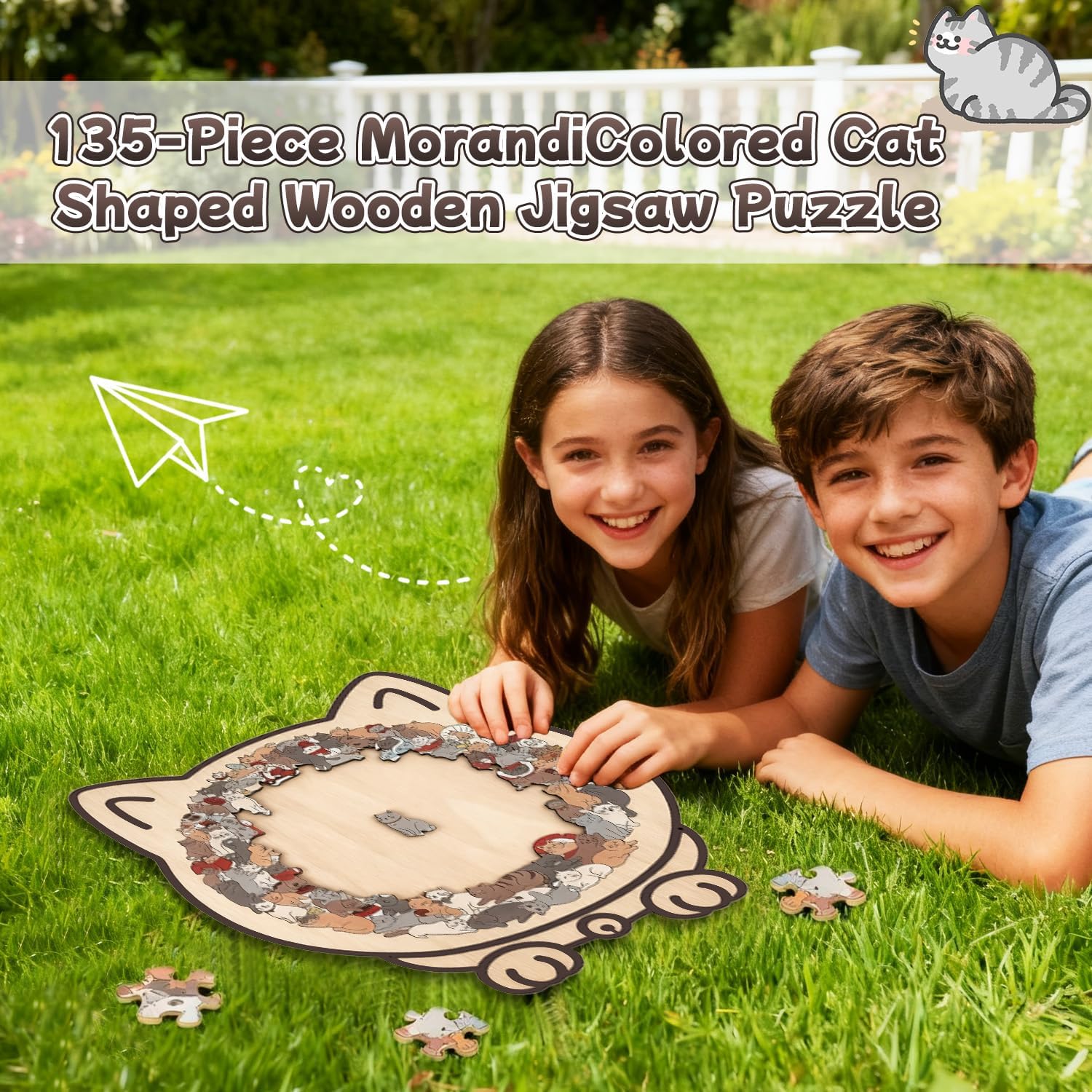 135-delige Morandi-gekleurde kat vormige houten legpuzzel, kattenvormige houten puzzel