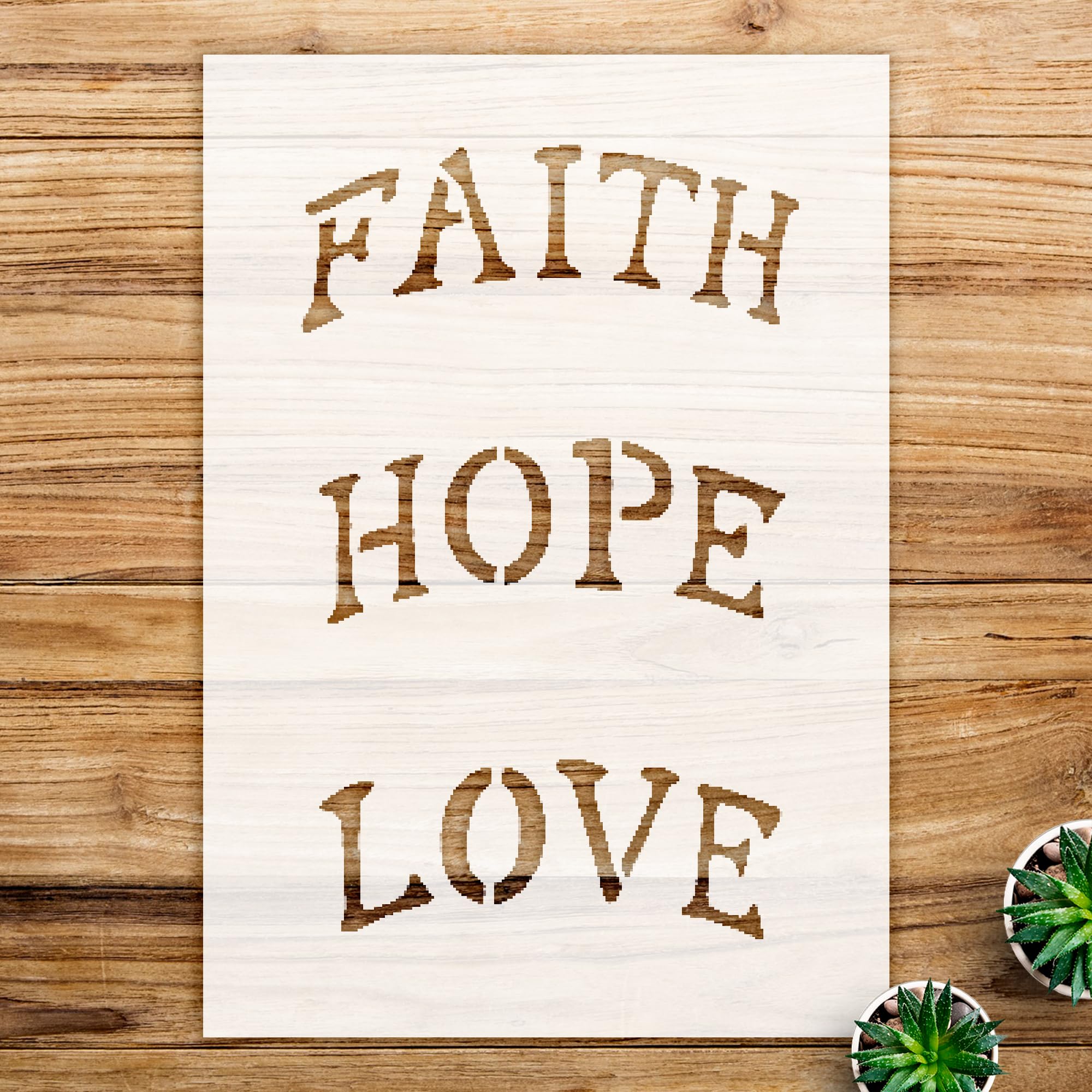 Faith Hope Love Stencil Pattern for Walls and Crafts, Reusable Mylar Template, Arched Ornament Design, Ideal for Home Decor and Creative Projects - Size A2 (16.3