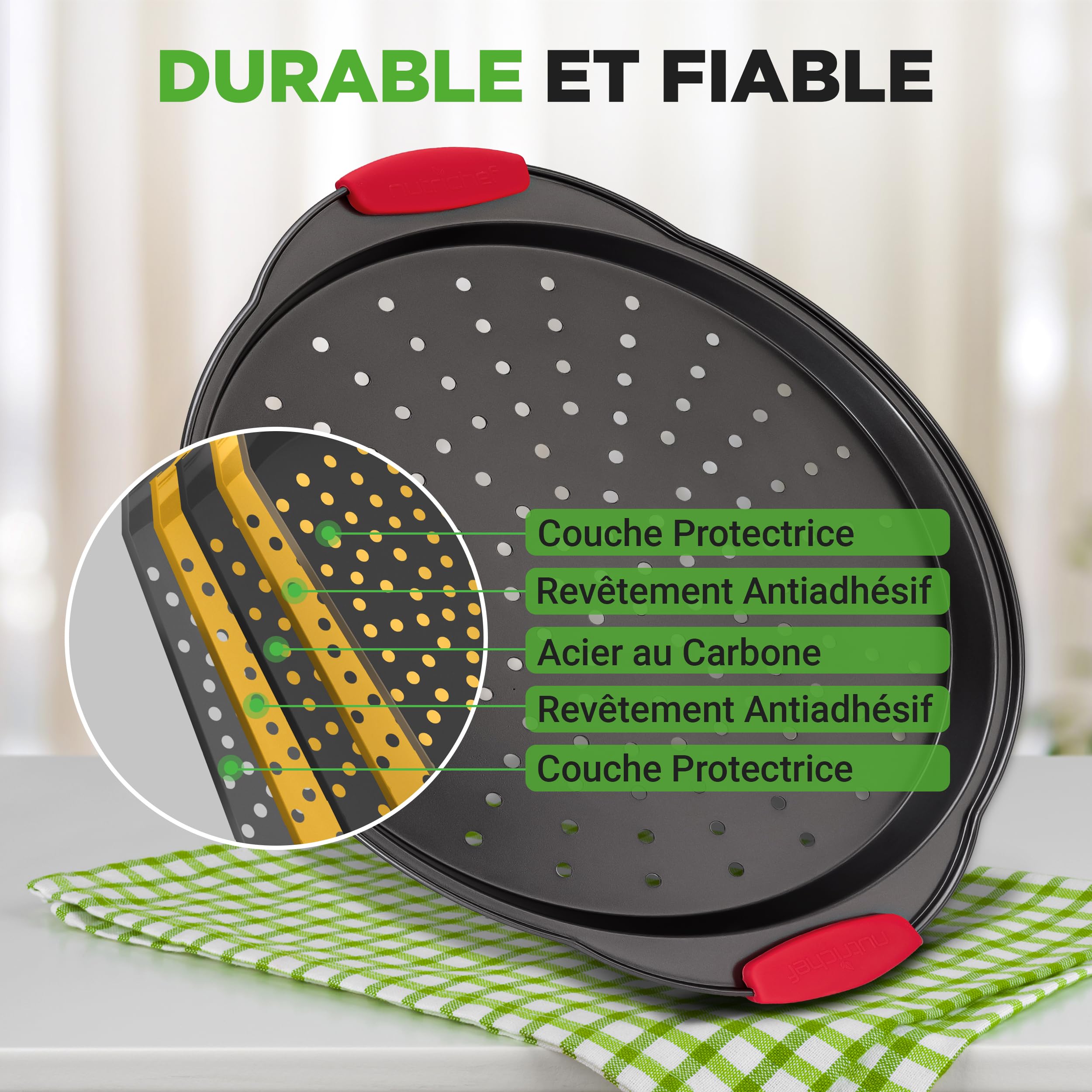 Nutrichef Plaque Pizza - Moule à Pizza Antiadhésif - Plat Rond en Acier Perforé - Plaque de Cuisson premium avec Poignées en Silicone - Plat pour Four - Compatible Lave-Vaisselle - Bleu