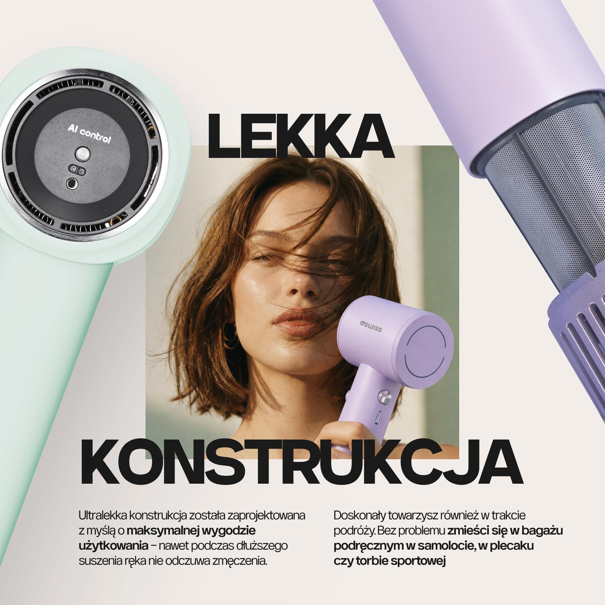 4Swiss Suszarka do Włosów Jonowa do Włosów Hair Dryer Wygładzająca Mała Podróżna Hairdryer Cicha Poręczna Lekka Regulacja Temperatury Prędkości 1000W Zwiększająca Objętość - F326 SmartAI+ Miętowy