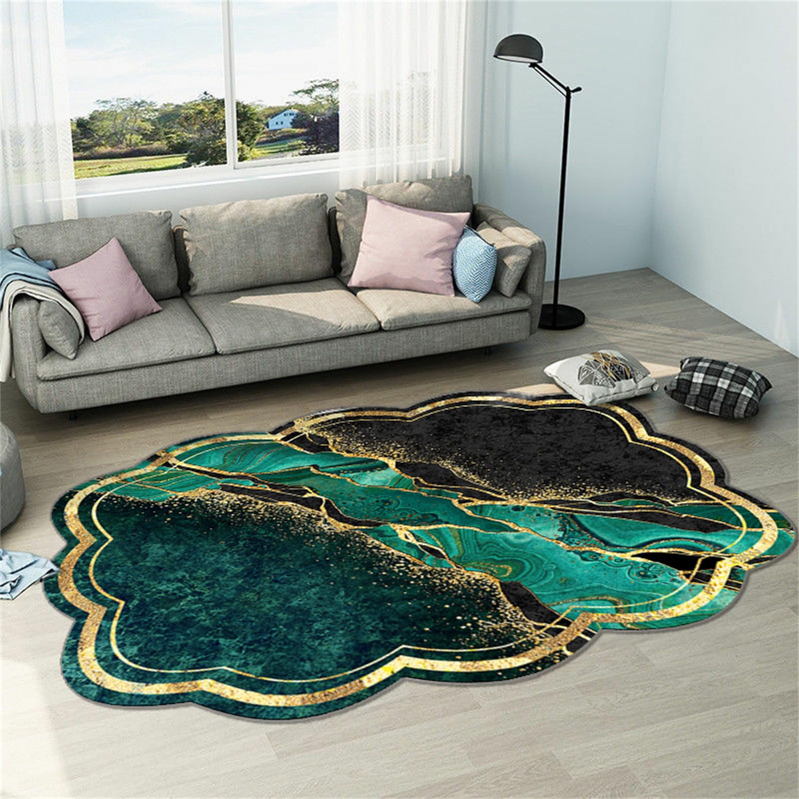 Marble Area Rug, 5x7ft, Green Gold Black Modern Geometric Pattern Printed Rugs, Modern Abstract Interior Non-Slip Washable Carpet for Living Room