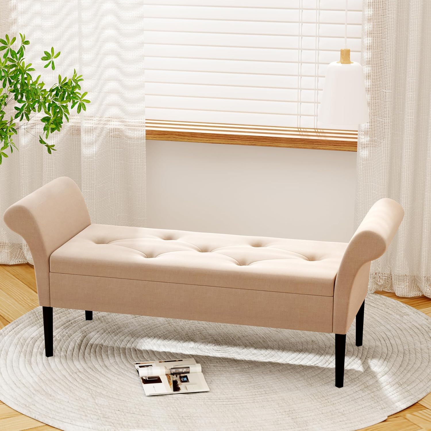 Alunaune Upholstered Storage Bench for Bedroom End of Bed Bench Ottoman, Tufted Entryway Bench Settee, Modern Fabric Footstool with Arms for Living Room-Tan