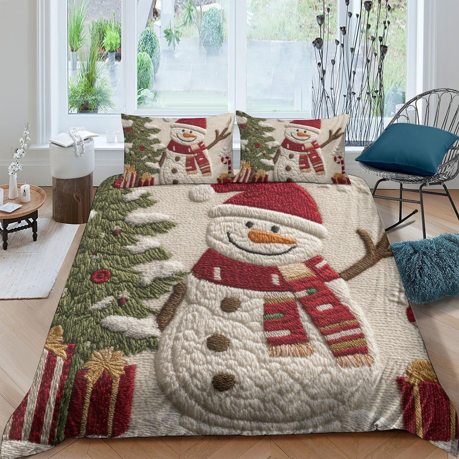 Ctjqhvkz Style-1 3D Printed Snowman Christmas Tree Fitted Sheet Microfiber Anti-Slip Bed Cover For Winter Bedroom Living Room Decor Single（135X200cm）