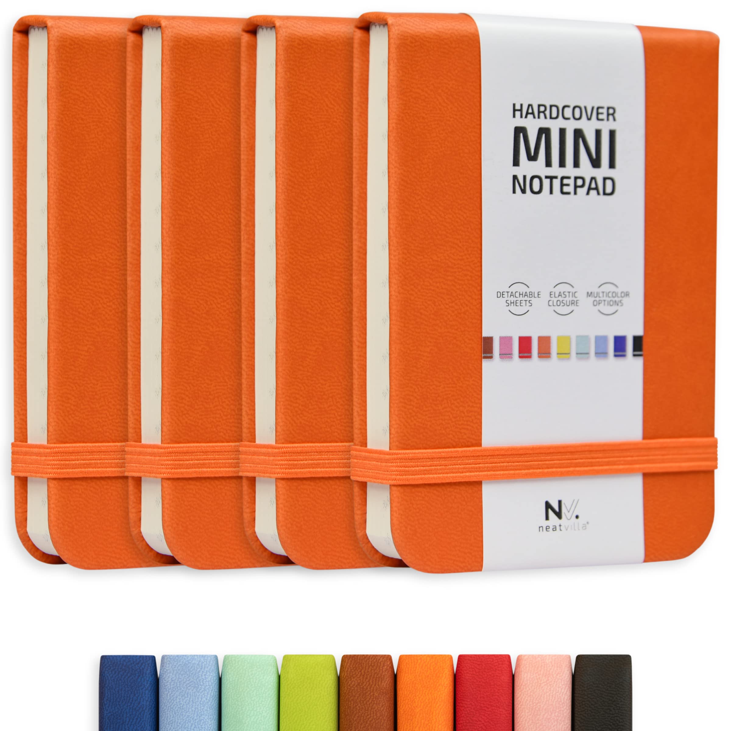 NeatVilla Tiny Notebook 3x4 Small Notepad Pocket Size, A7 Leather Hardcover Mini Notebook, Tear Off Sheet Tiny Notepad with Elastic Band, 4 Pack Mini