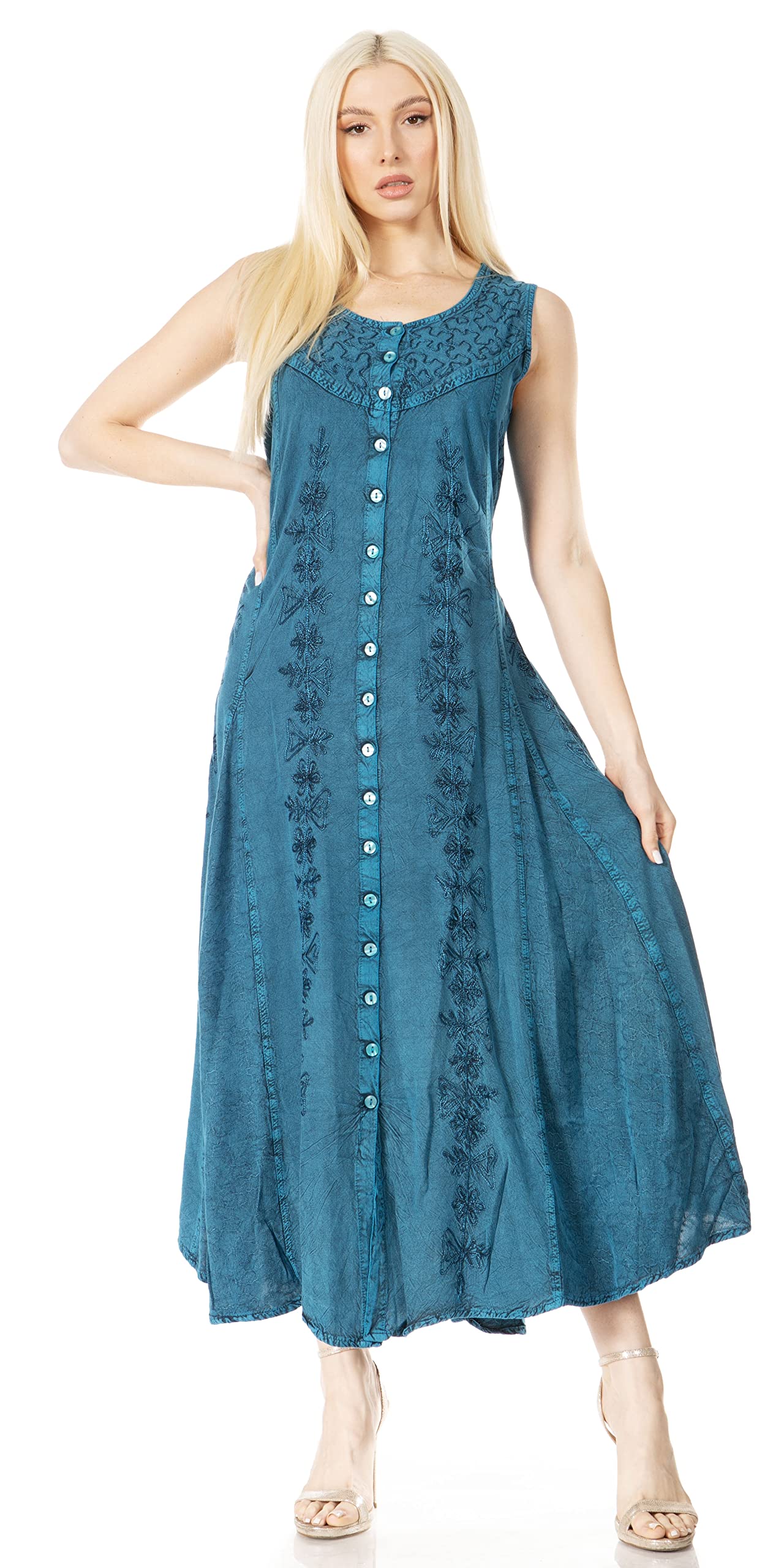 Sakkas Maya Floral Embroidered Sleeveless Button Up Faux Silk Dress