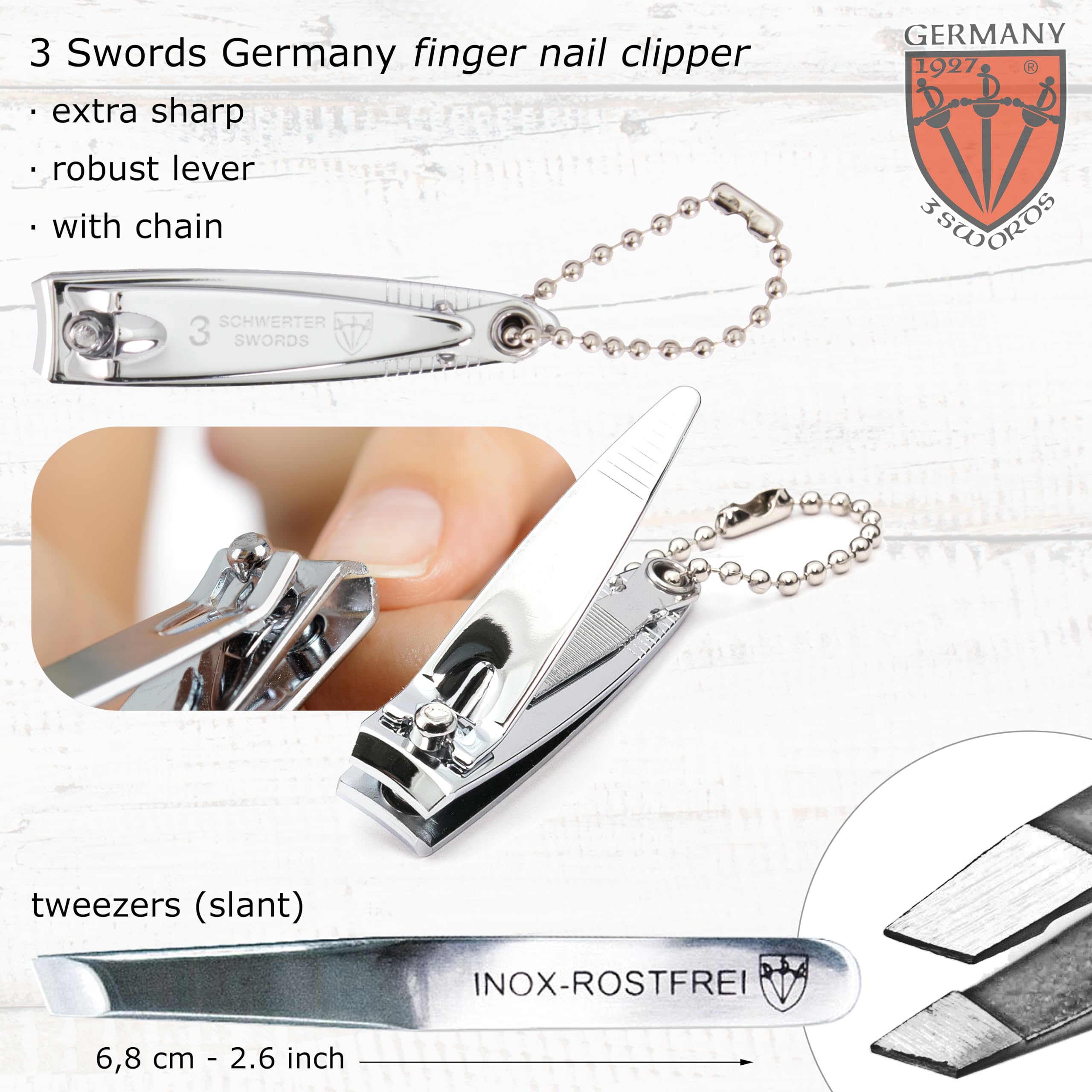 3 Swords Germany - Kit de manucure et pédicure de qualité 6 pièces - Ciseaux, lime à ongles en métal et verre, pince à épiler avec étui en cuir synthétique - Blanc