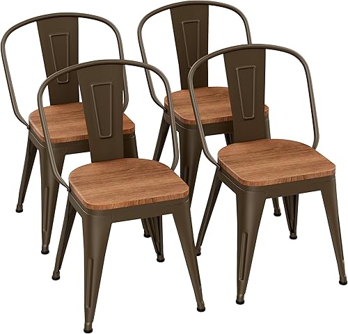 Miniatura 9 de Sillas de comedor de metal de 18 pulgadas, juego de 4 sillas de granja Arlunar, sillas de comedor negras apilables con respaldo y asiento de madera,