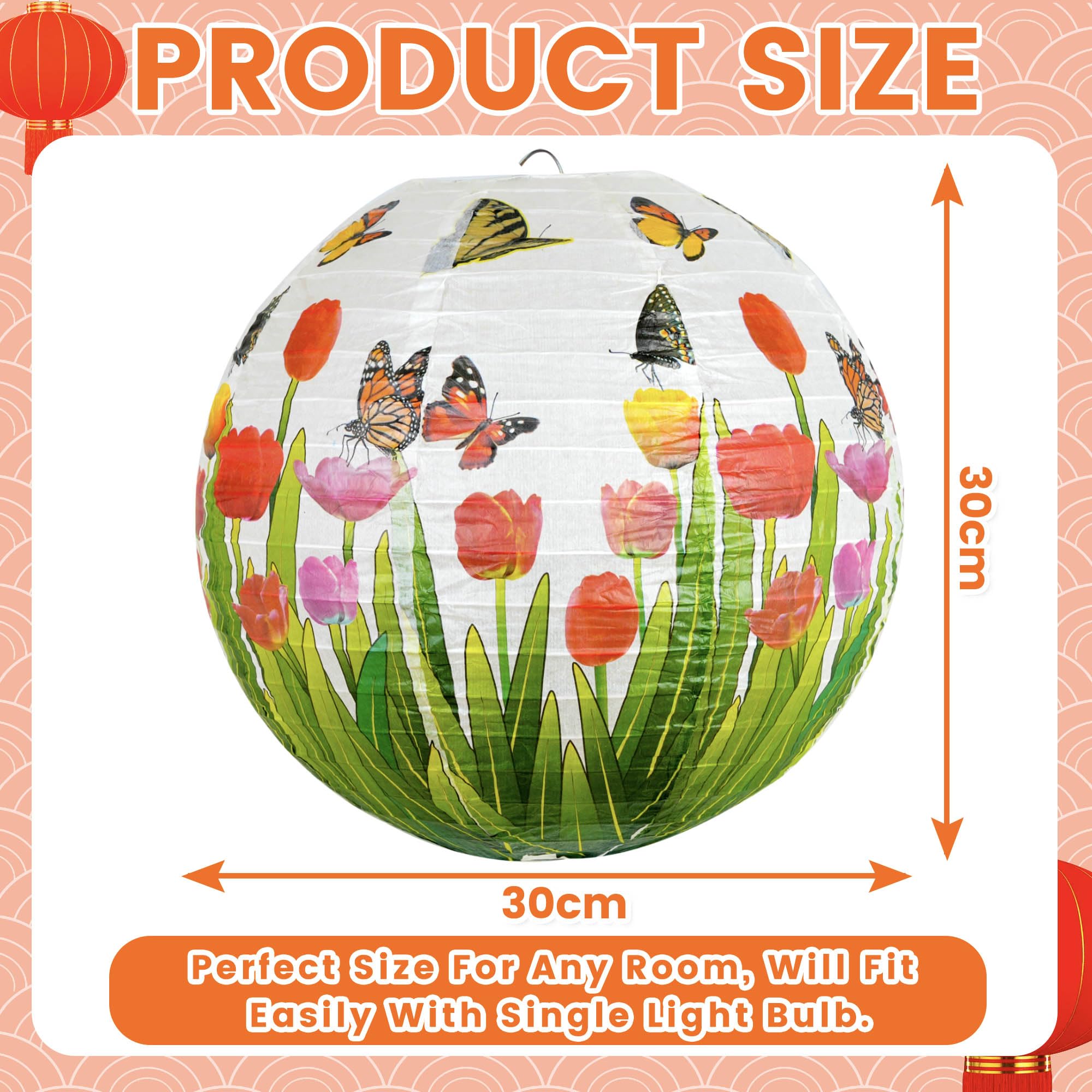 Paper Lampshade Hanging Light Shade 30cm, Oriental Ribbed Japanese Ceiling Fixture with Cherry Blossom & Floral Patterns - Image 2