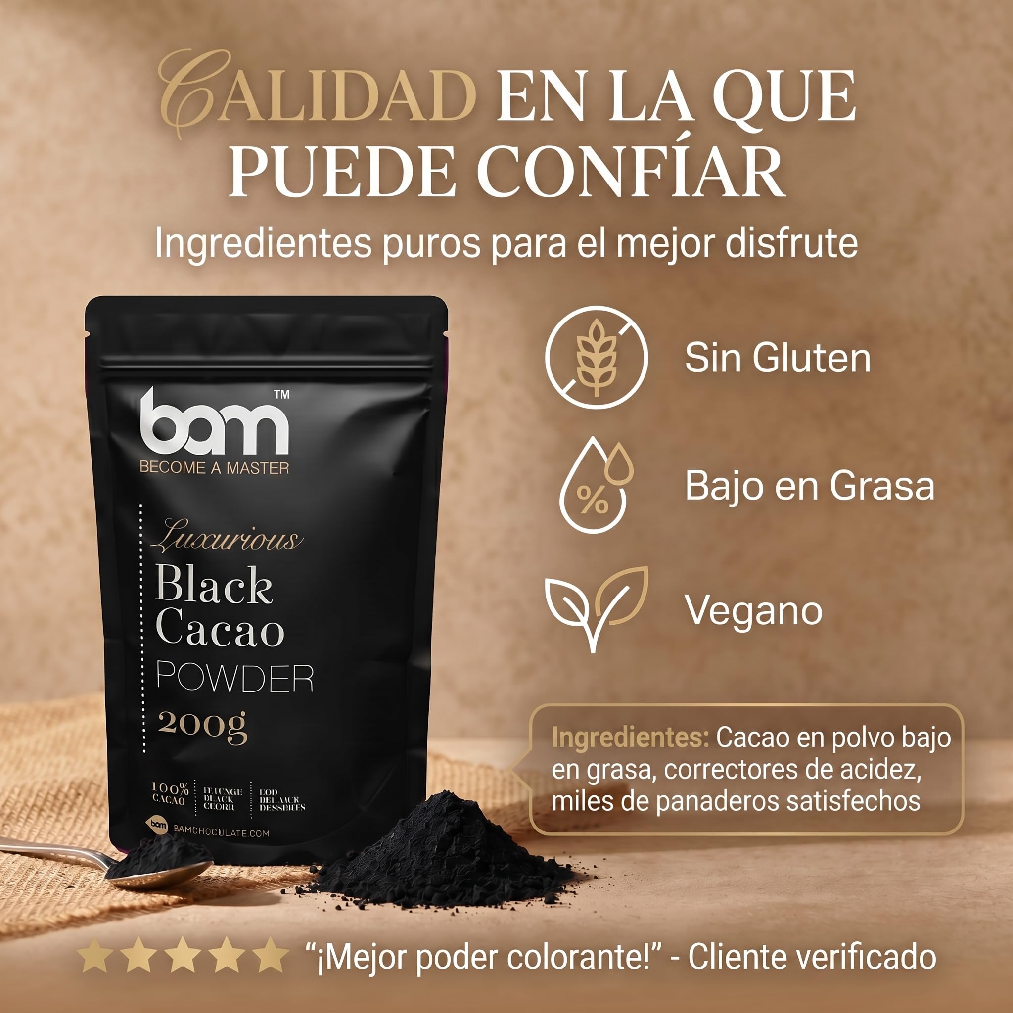 BAM Cacao Negro en Polvo 200 g, Cacao Puro y Desgrasado sin Azúcar para Repostería – Sin Gluten, Vegano