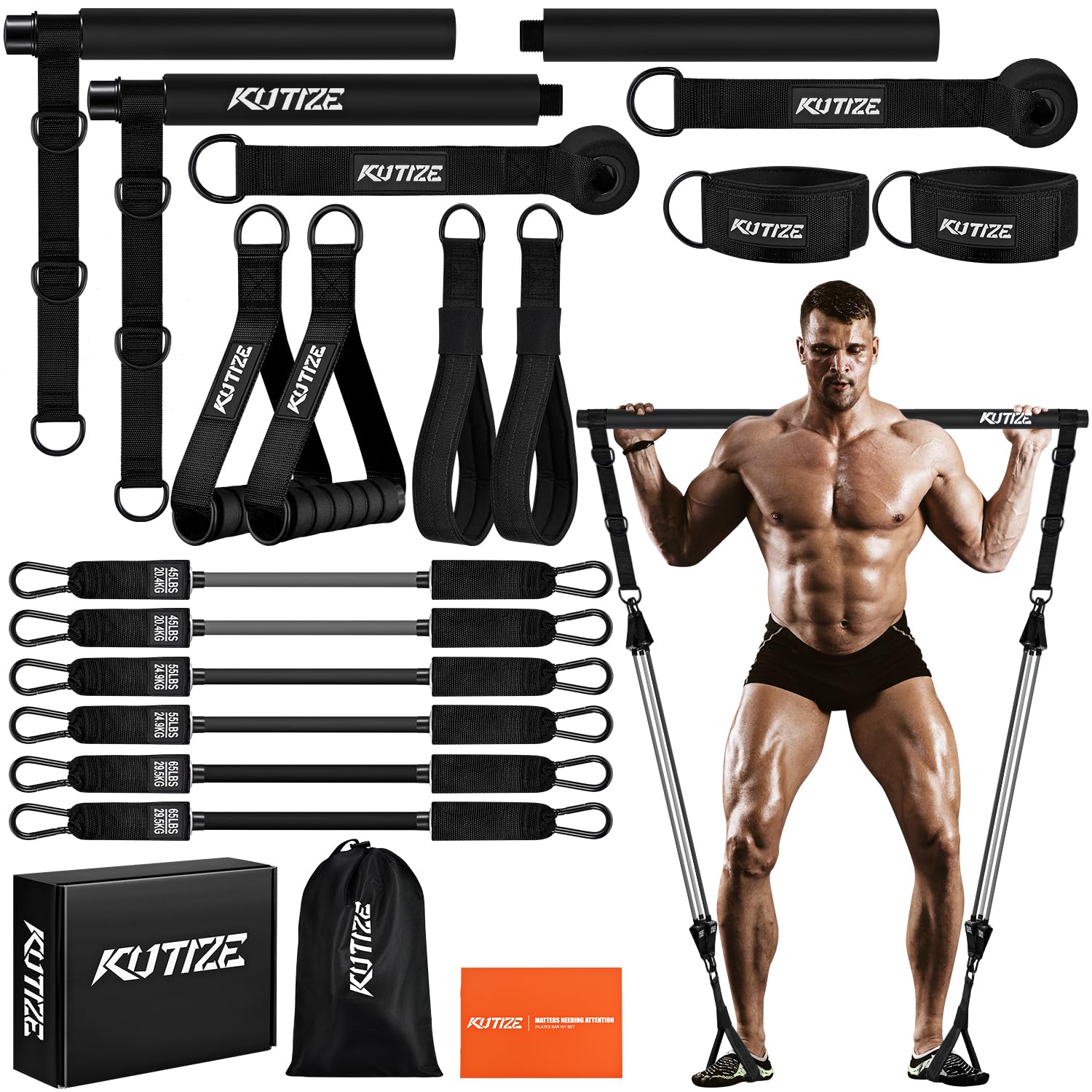 KUTIZE Pilates Bar Kit with Resistance Bands, Heavy Duty Pilates Equipment for Men, Training Bands with Handles for Legs, Hip, Back, Arm, Abs, Chest, Shoulders, Portable Home Gym Workout Equipment