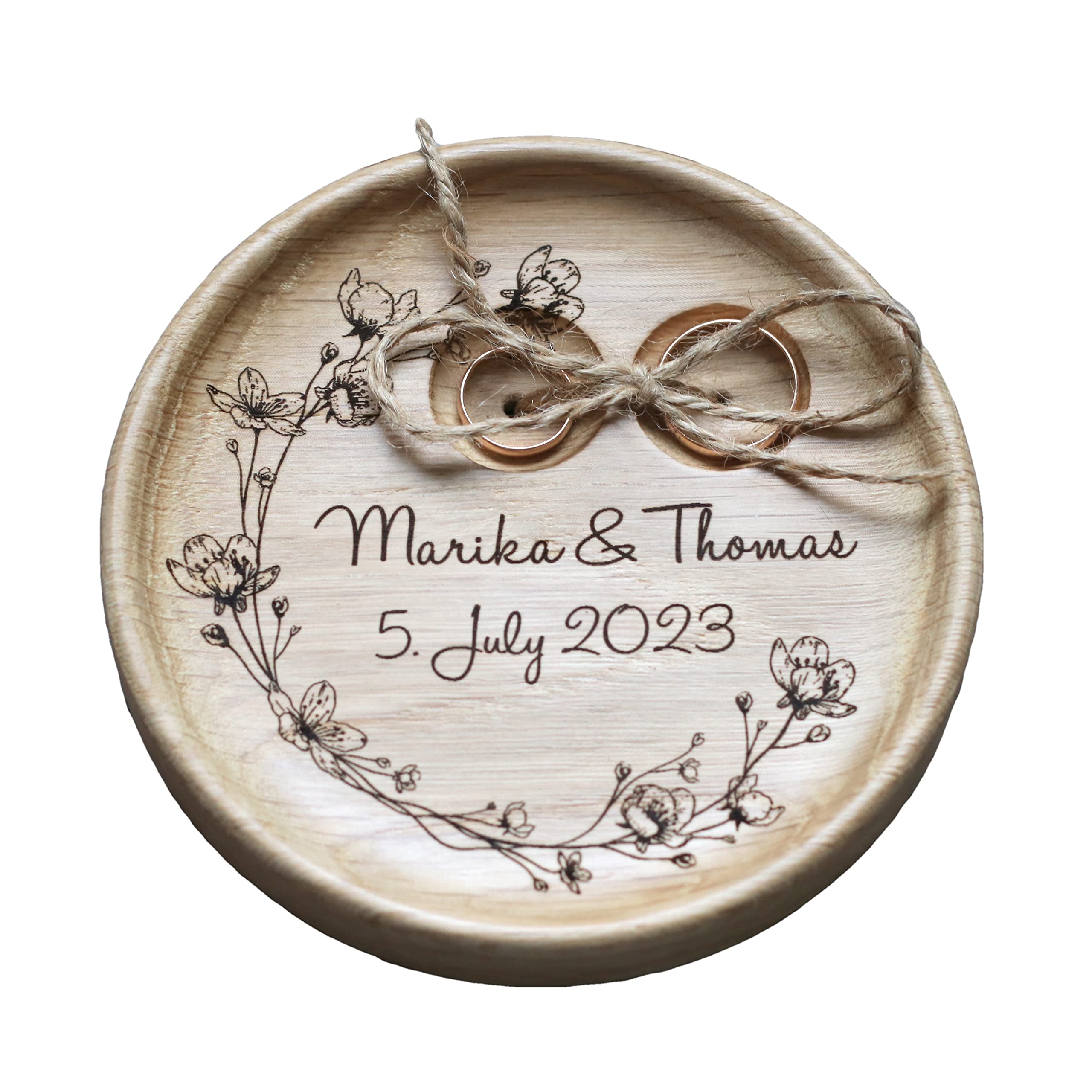 Handmade Porta anillos de boda grabado en madera " guirnalda de flores "
