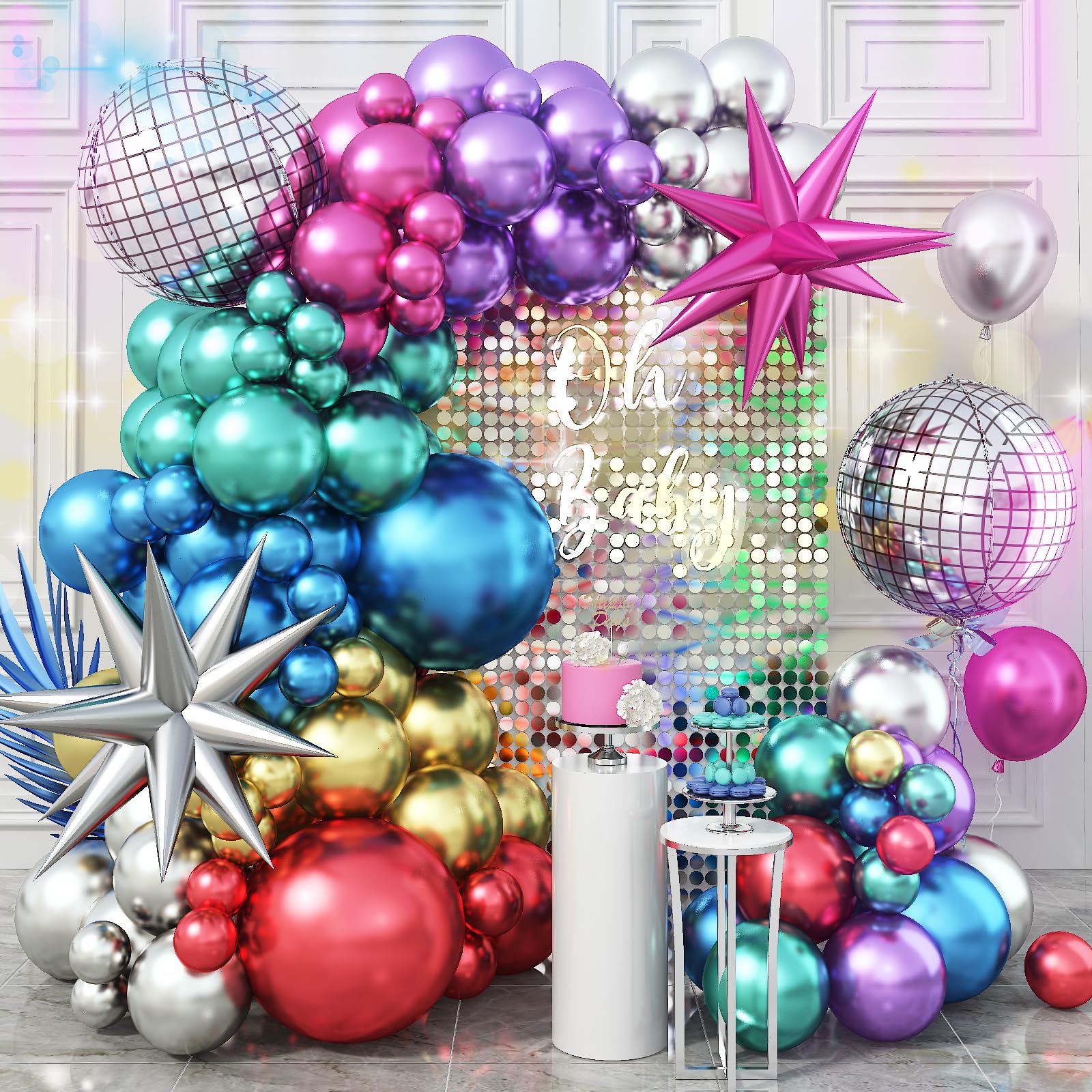 Metallic Balloon Arch Garland Kit, Disco Party Decorations with Chrome Rainbow Colorful Purple Teal Red Hot Pink Blue Balloons Disco Ball Balloons for 80s 90s Theme Birthday Anniversary Party Supplies