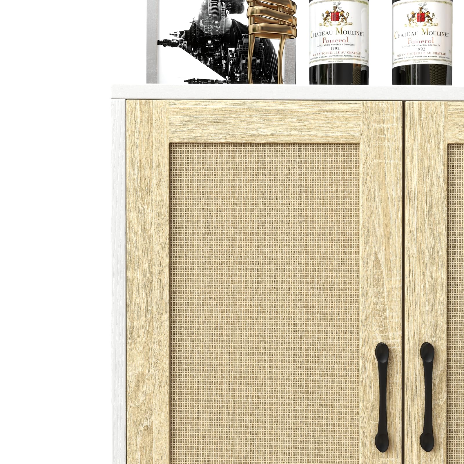 Panana Aufbewahrungsschrank, Rattan Sideboard Schrank mit 2 Rattan-Türen, Küche Akzentschrank mit Massivholzfüßen, Buffetschrank für Esszimmer, Flur, Eingang, Wohnzimmer (Weiß)