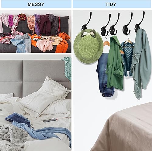 Miniatura 5 de Kruodop 4 ganchos de pared para colgar resistentes, ganchos negros montados en la pared, colgador de metal para una sola capa con tornillos, taza