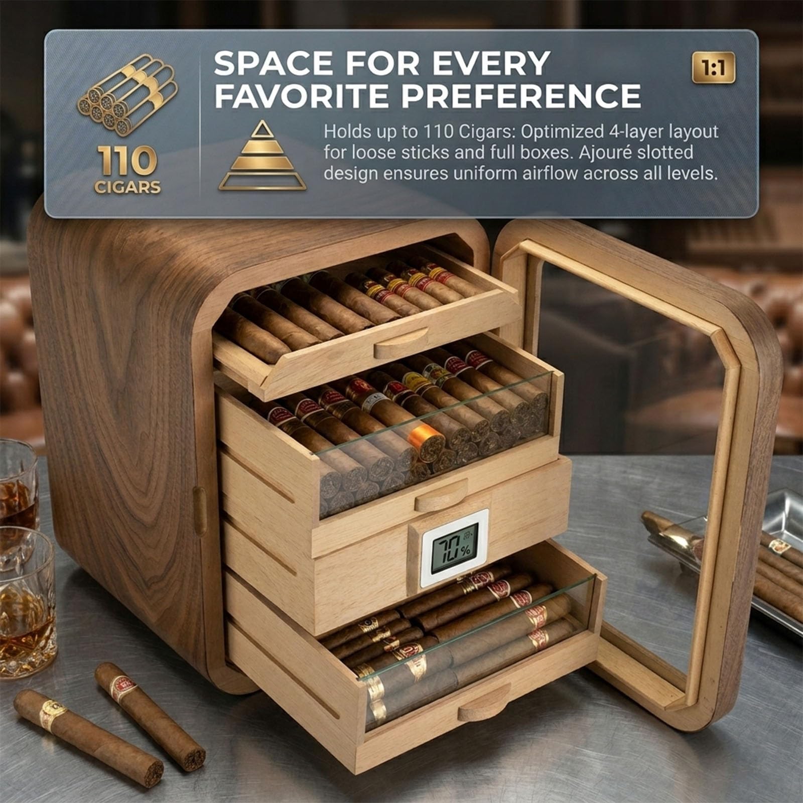 Elektrischer Zigarren Humidor mit Digitalem Display, Kleiner Schrankhumidor für 110 Zigarren, Luxus Zigarrenbox aus Zedernholz mit Bidirektionaler Feuchtigkeitsregulierung(Brown,with Window)