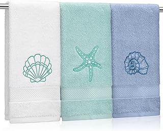 3 Pack Coastal Hand Towels for Bathroom 100% Cotton Embroidered Bathroom...