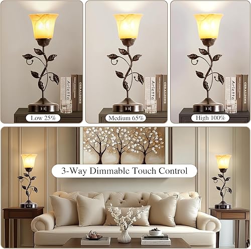 Miniatura 3 de RORIANO Juego de 2 lámparas de mesa vintage táctiles con 2 puertos USB, lámparas de mesa de noche regulables de 3 vías, lámpara de hojas rústicas