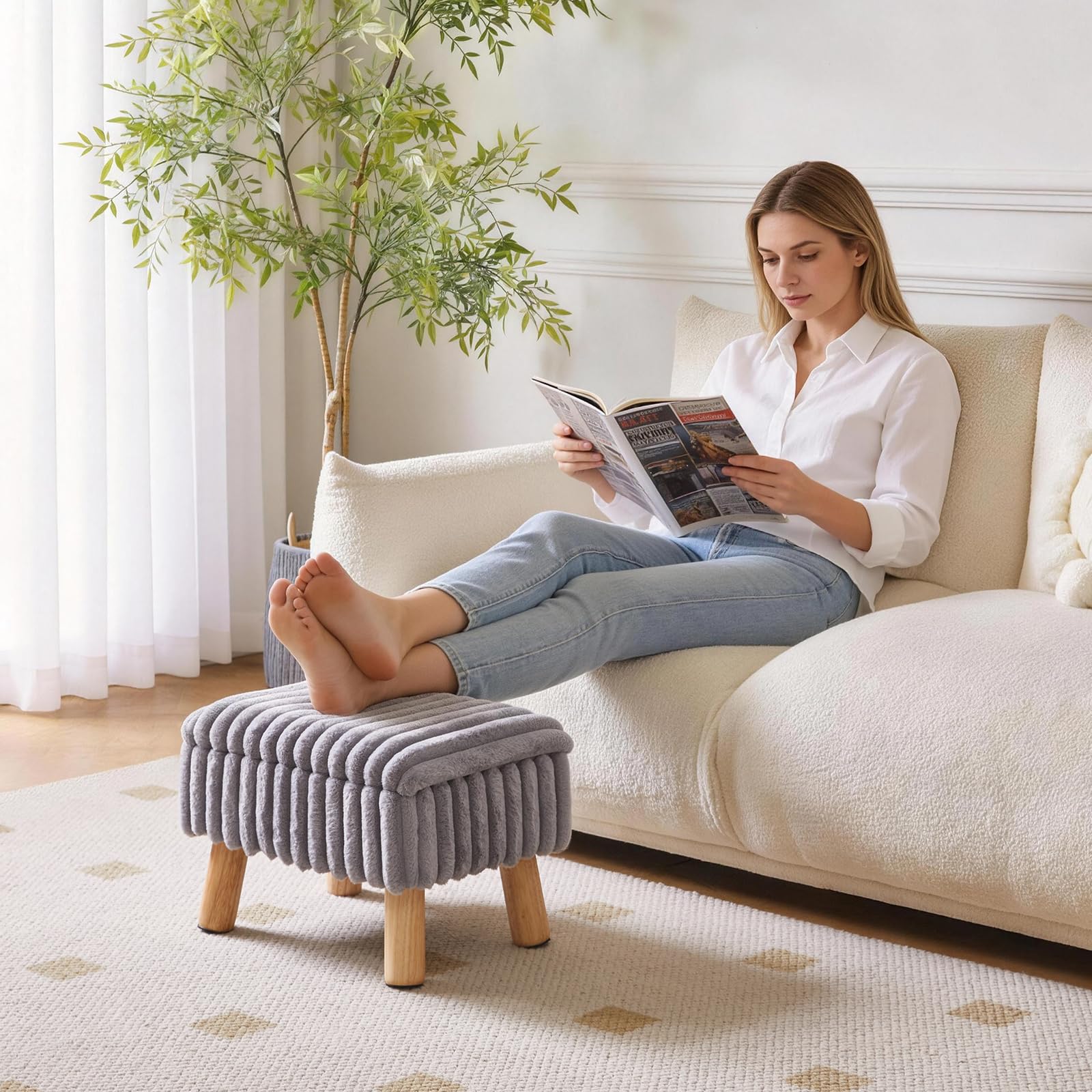 Aibiju Taburete Pequeño, Otomana de Terciopelo con Patas de Madera, Reposapiés Otomana, Asiento Adicional, Mesa Pequeña para Sala de Estar, Dormitorio, Recibidor, Gris YD-JD152G