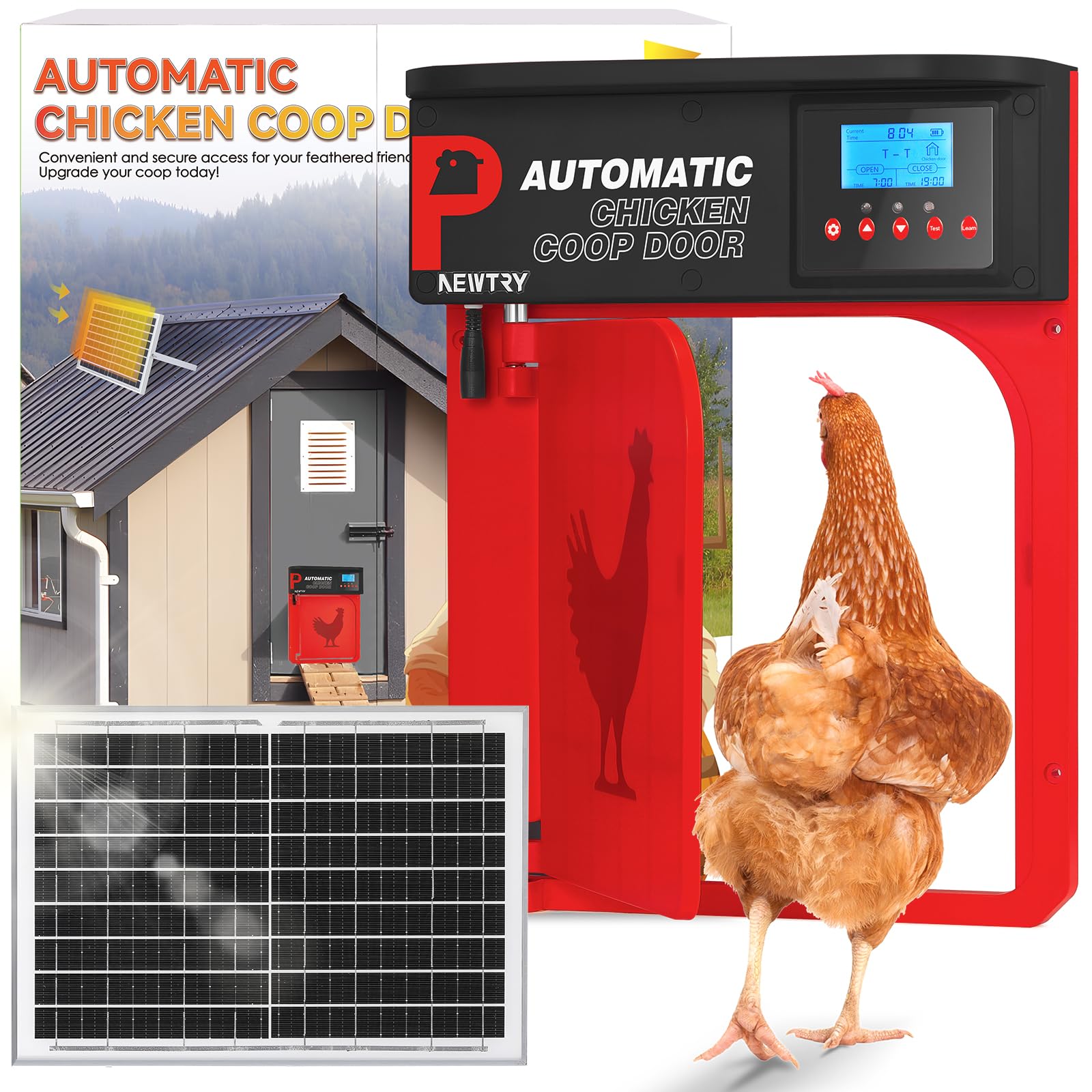 NEWTRY Abrepuertas Automático para Gallinero, Puerta Pivotante con Temporizador y Sensor de Luz, Anti-pellizco, 10W Energía Solar con Mando a Distancia de 40m (Rojo)