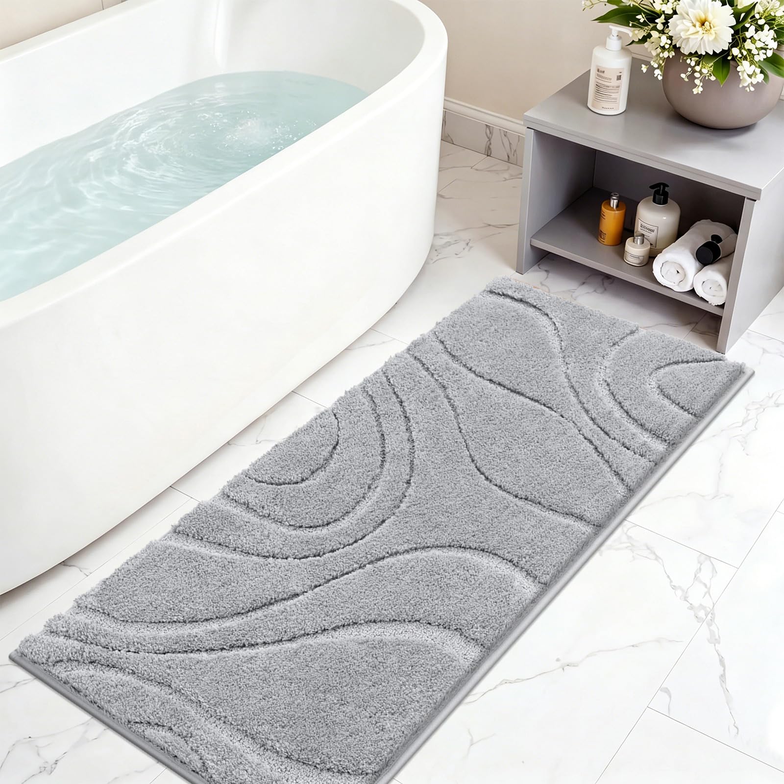 SHACOS Tappeto Bagno Antiscivolo 60 x 120 cm, Tappetino Bagno in Microfibra Soffice e Morbida, Super Assorbente, Lavabile in Lavatrice, Ideale per Doccia e Vasca da Bagno, Grigio Chiaro