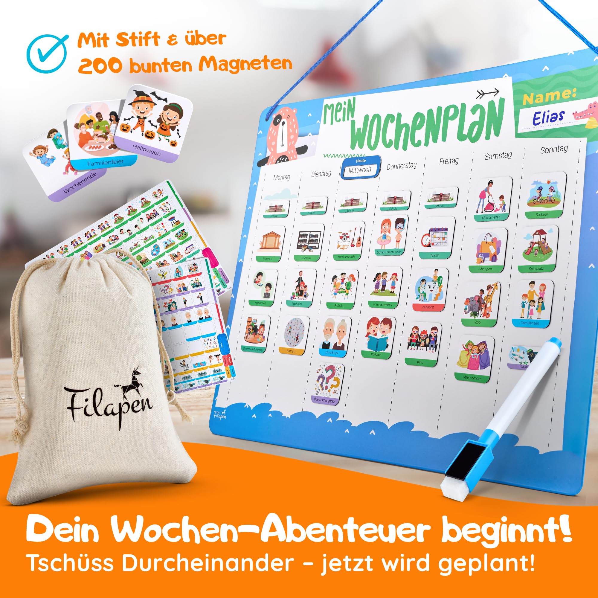 Filapen® Montessori planer tygodniowy dla dzieci – tablica magnetyczna w zestawie z 209 magnesami, woreczkiem materiałowym, długopisem i sznurkiem – planer zadań, kompletny zestaw do pisania i
