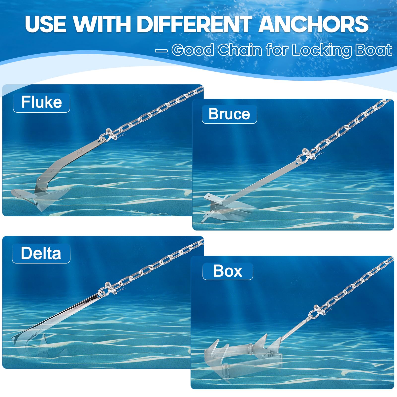 Ankerkette aus Edelstahl 316, Ankerketten-Set in Marinequalität, hochbelastbare 6mm- oder 8mm-Ankerkette mit 2 doppelten Sicherheitsschäkeln an den Enden für Boote, Pontonboote, Deckboote