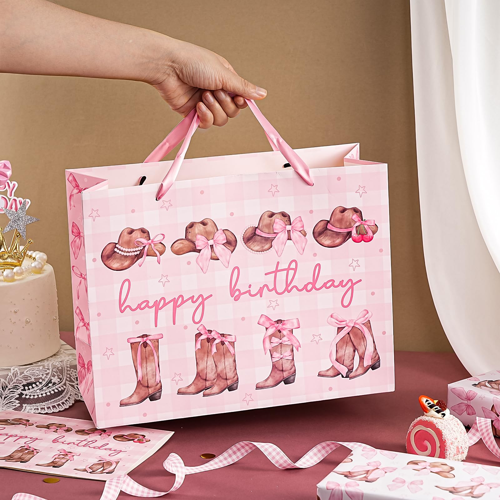 WRAPAHOLIC 13" Large Pink Cowgirl Birthday Gift Bag with Card and Tissue Paper - Western Bow Happy Birthday Wrapping Paper Bags for Party Favors Decor Girls Women Supplies
