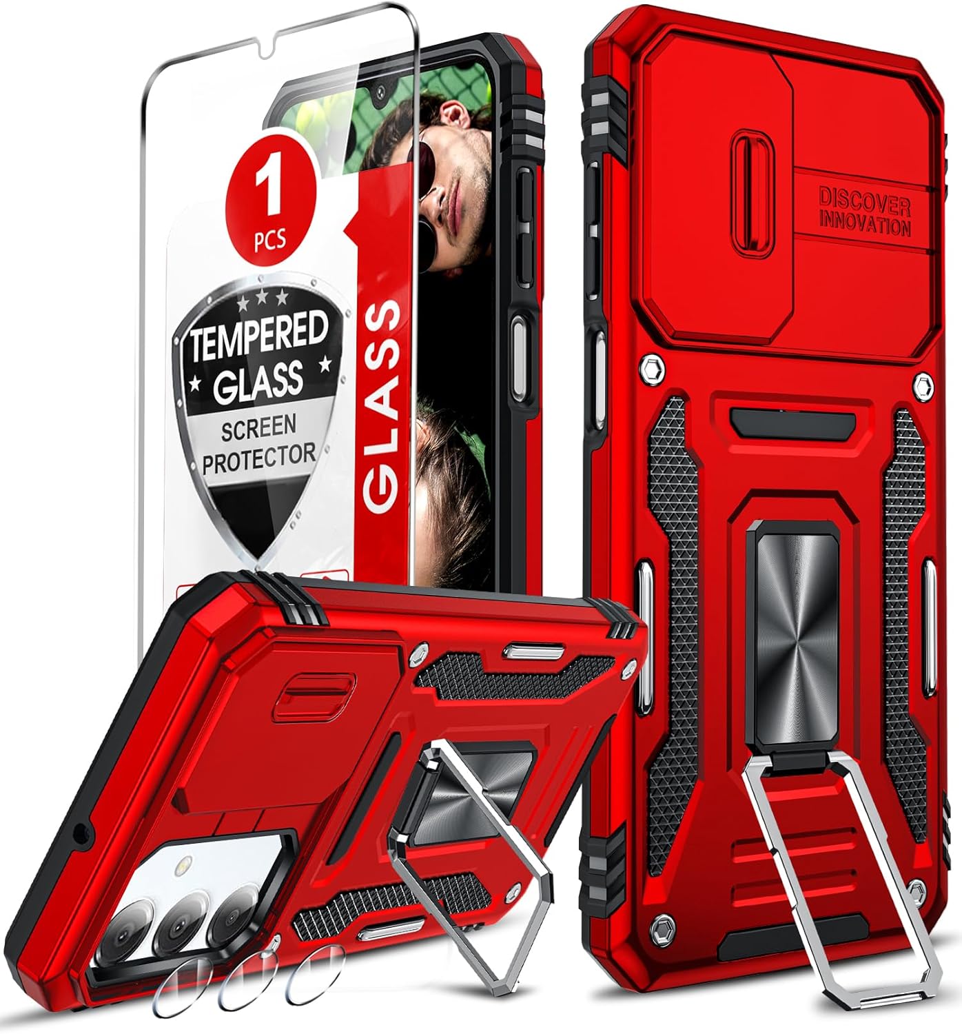 LeYi for Galaxy-A16-5G Case: with Screen & Camera Protector for Samsung A16 Case, with Metal Kickstand & Slide Camera Cover Rugged Protective Cell Phone Cover/Etui/Coque for A16 Samsung, Red LeYi for Galaxy-A16-5G Case: with Screen & Camera Protector for Samsung A16 Case, with Metal Kickstand & Slide Camera Cover Rugged Protective Cell Phone Cover/Etui/Coque for A16 Samsung, Red
