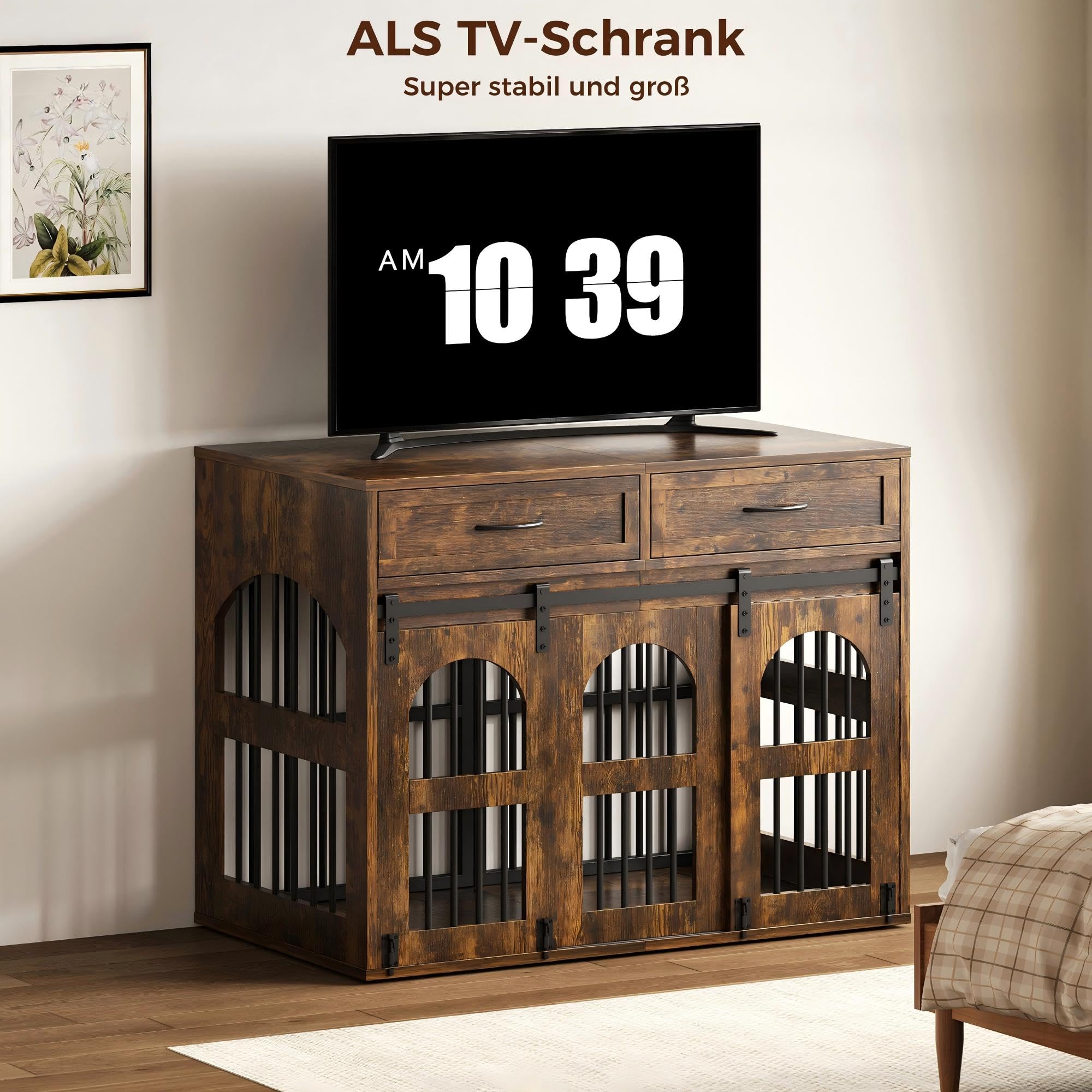 IRONCK Hundekäfig Möbel Hundebox für Zuhause mit 2 Schublade Türen Trennwand, Hundebox Holz Indoor für 2 kleine/mittlere/1 große Hunde, Beistelltisch mit Scheunentür, 106x68x88cm (Vintagebraun)