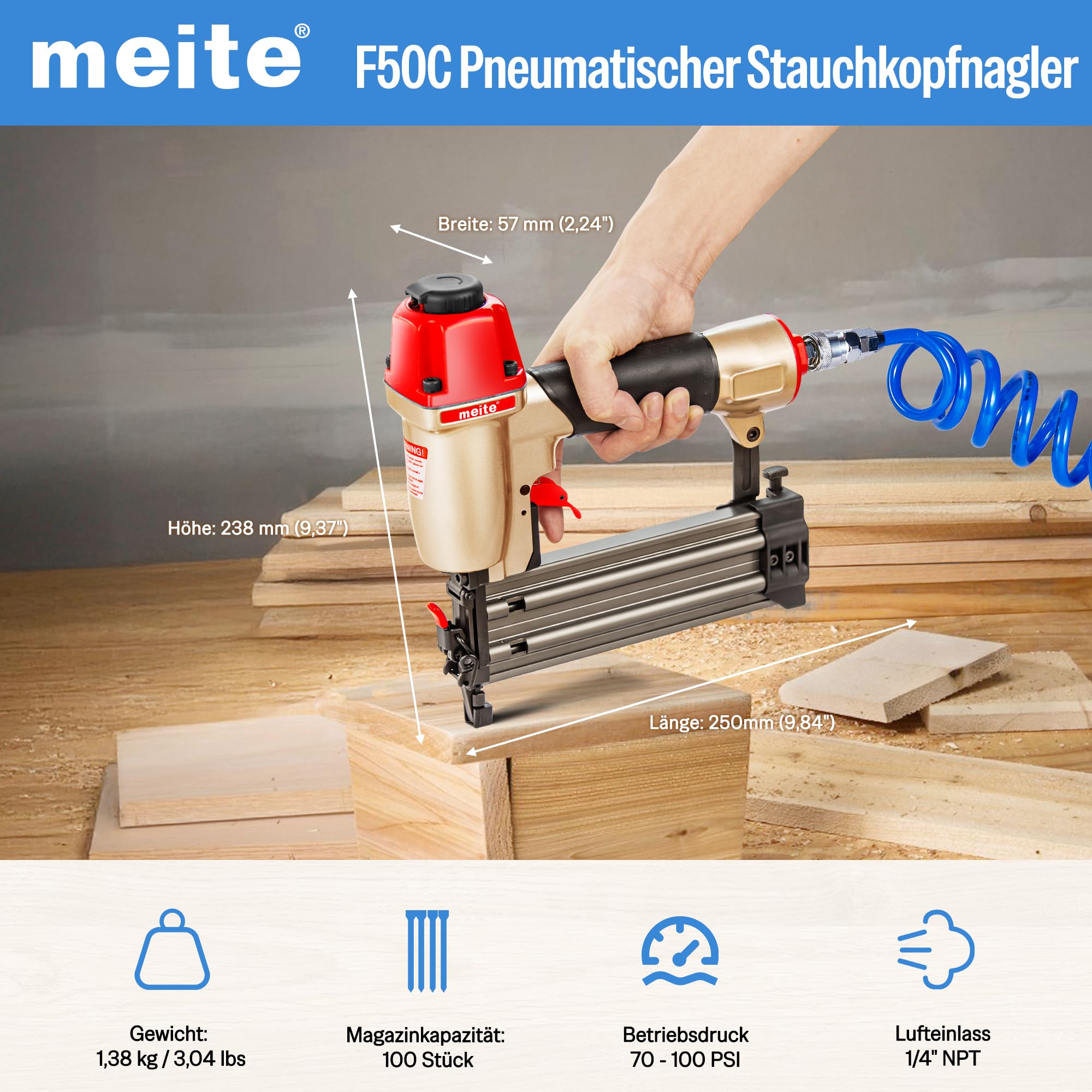 meite F50C Druckluftnagler mit Sicherheitsnase, Druckluft Nagelpistole für Stauchkopfnägel 18GA 15-50mm, Tiefeneinstellung max. 7 bar Stauchkopfnagler, Ideal für Zierleisten, Holzarbeiten