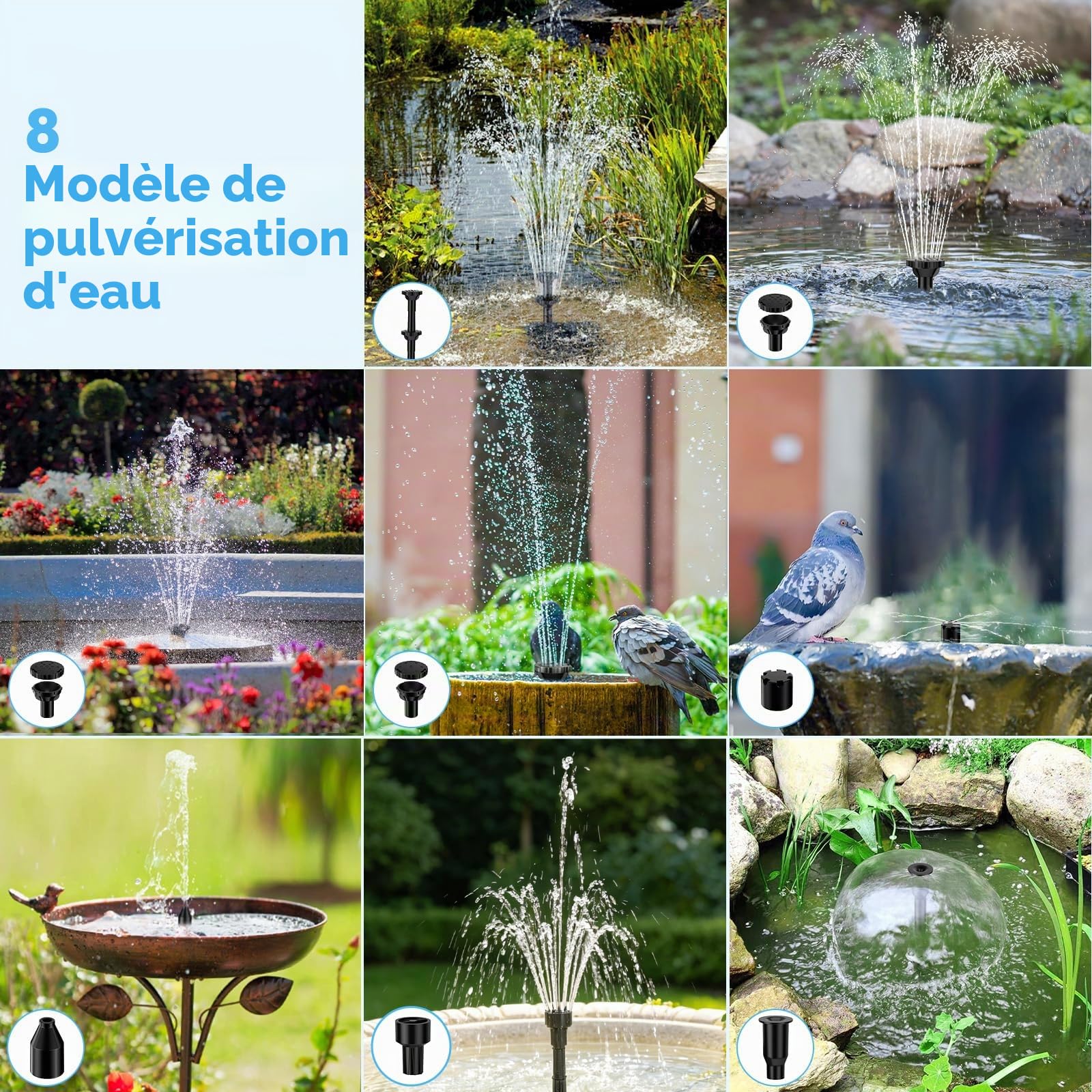 POPOSOAP Filtre de bassin solaire avec fontaine, fontaine solaire 8W avec système de filtration, 8 modes de pulvérisation et batterie de secours de 3600mAh, pour petits bassins extérieurs, abreuvoirs
