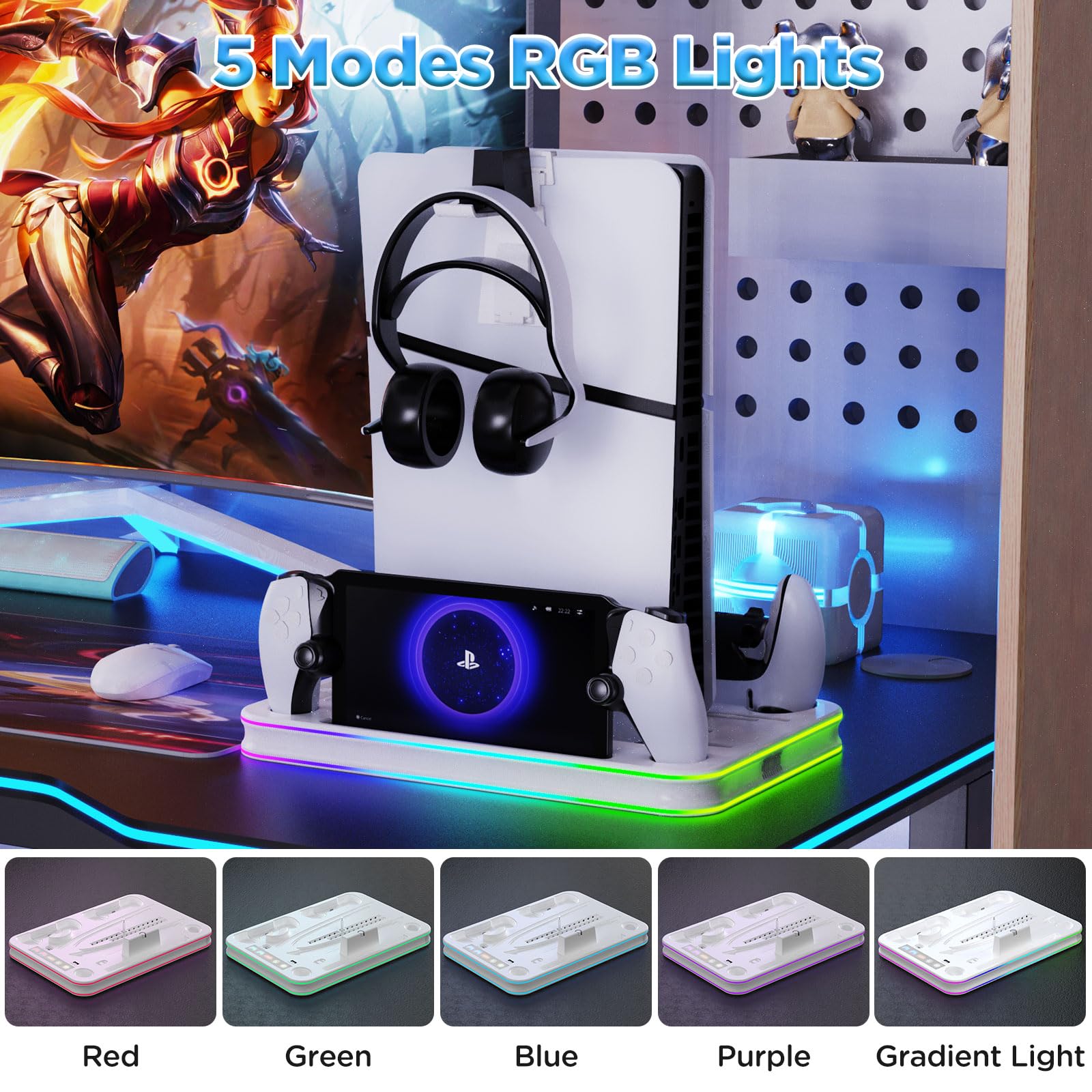Supporto sottile e stazione di raffreddamento per PS5/PS5 con controller RGB LED stazione di ricarica per PlayStation 5, dock di ricarica per controller PS5 Edge e PS Portal PS5/PS5 accessori sottili