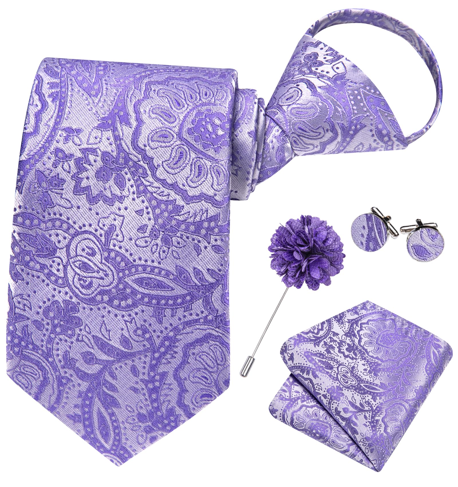 Hi-Tie Zipper Ties for Men Light Purple Floral Adjustable Pre-Tied Necktie Lapel Pin Pocket Square Cufflinks Set