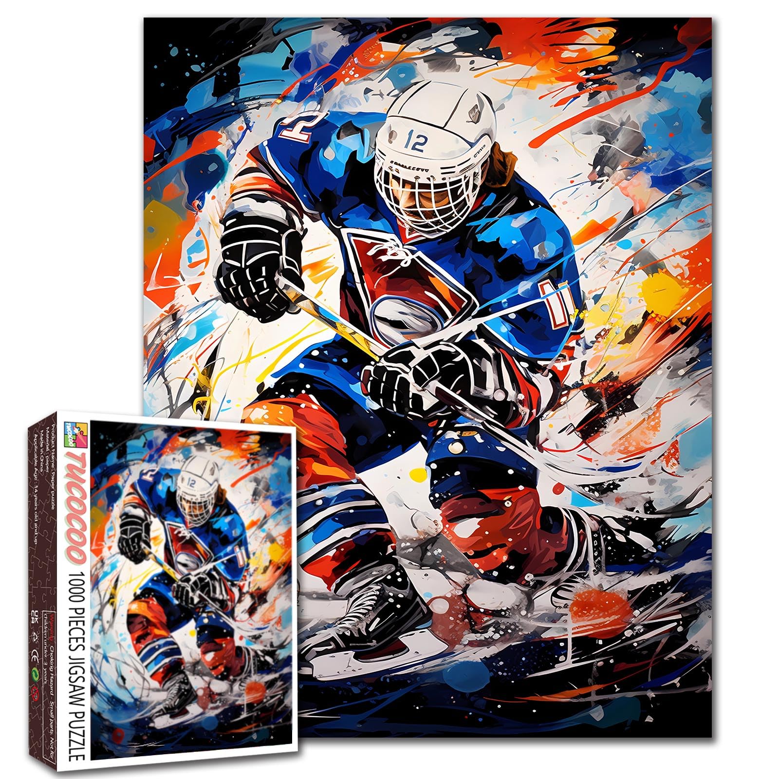 Hockey Puzzle Men Playing Ball Sports Graffiti Ball Sports Jigsaw Magic Picture 1000 Pieces Puzzles for Adults Beginner Challenging Family Activity Games DIY Crafts Puzzle for Home Decor Gifts