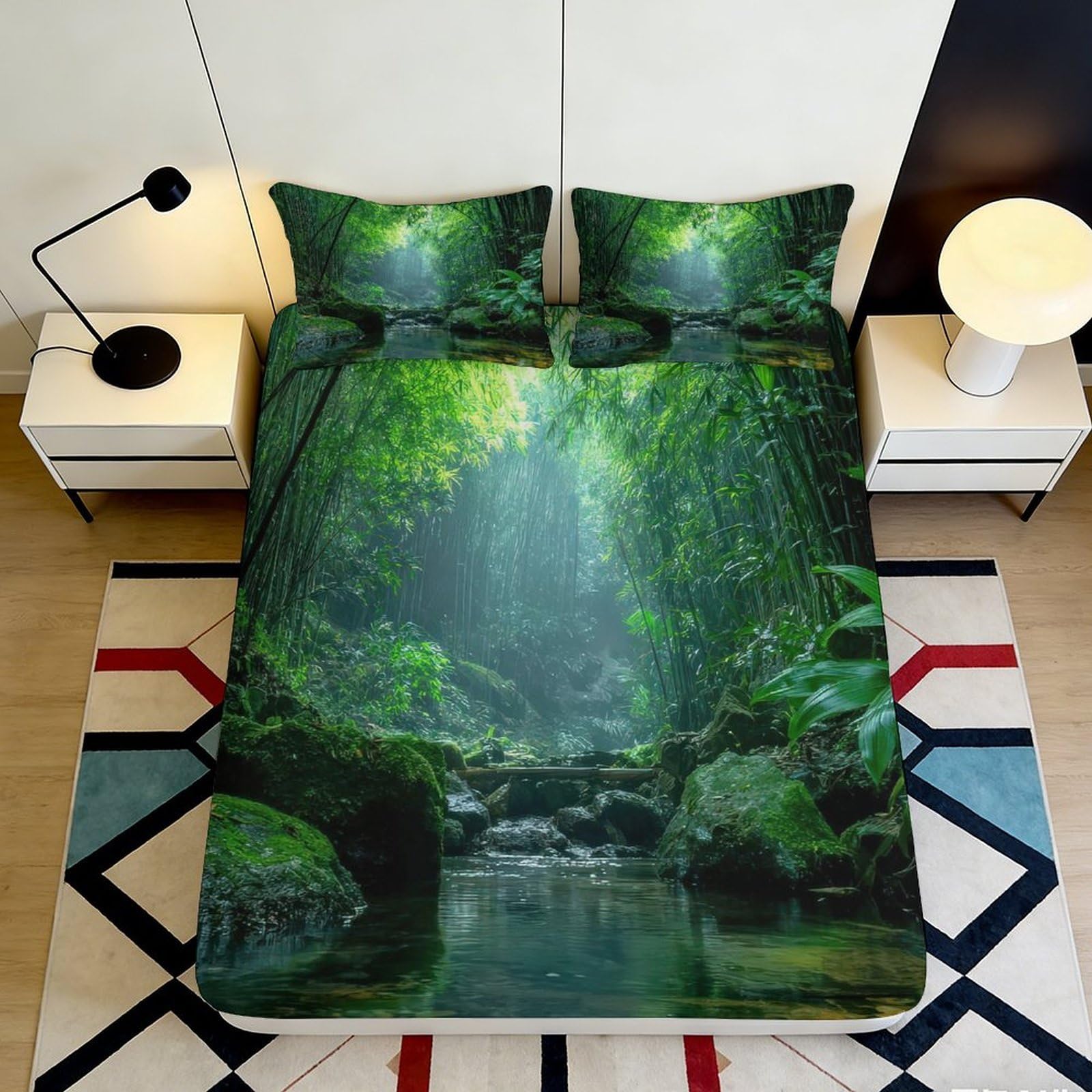Pnayamiorkfel Style-10 3D Printed Forest Stream Fitted Sheet Microfiber Soft Green Bamboo Mattress Cover For Bedroom Guest Room Decor 90X200x25cm