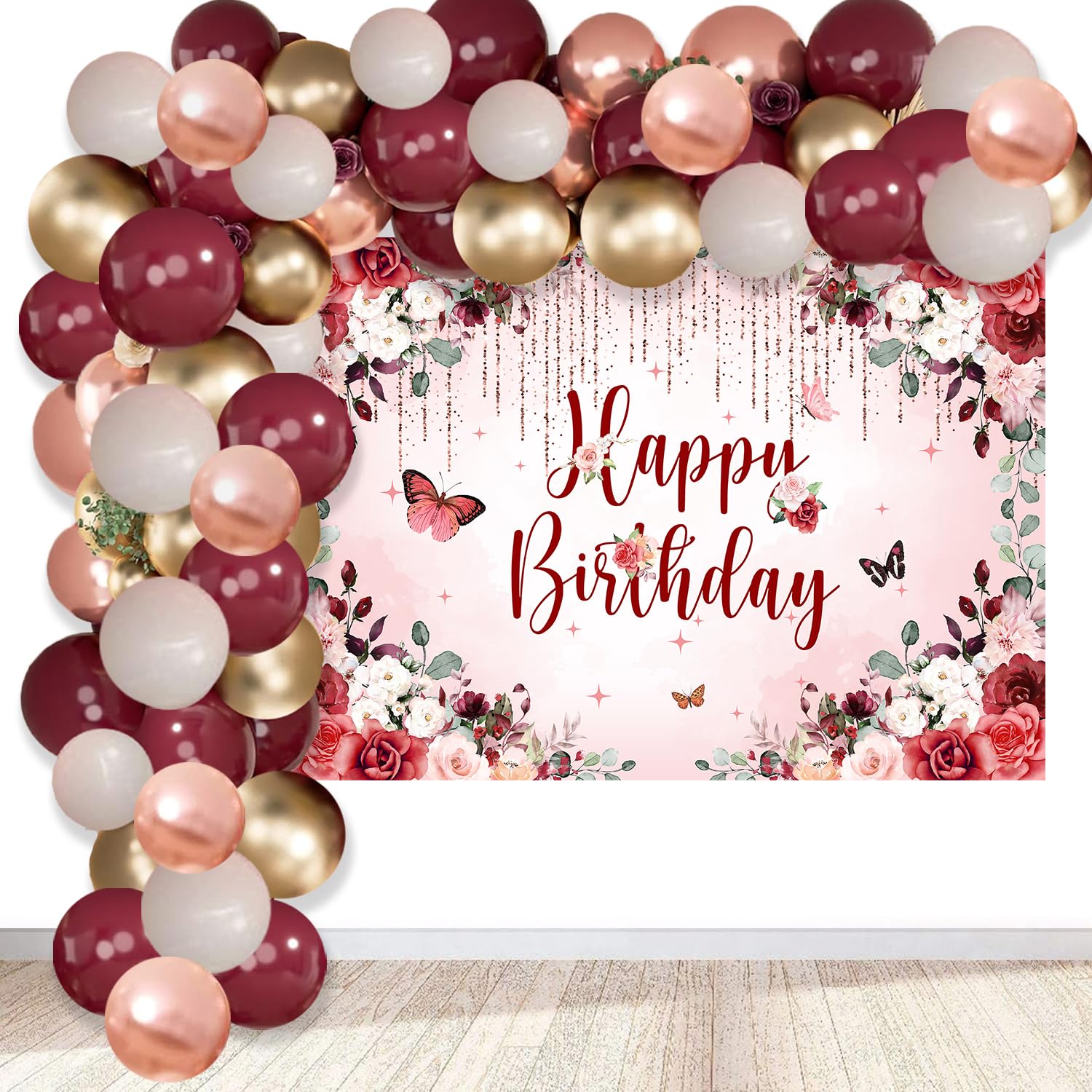 Burgundy Floral Happy Birthday Decorations Women Girls Party Supplies Including Flower Birthday Backdrop 5x3FT,50 PCS Burgundy Rose Gold Balloons