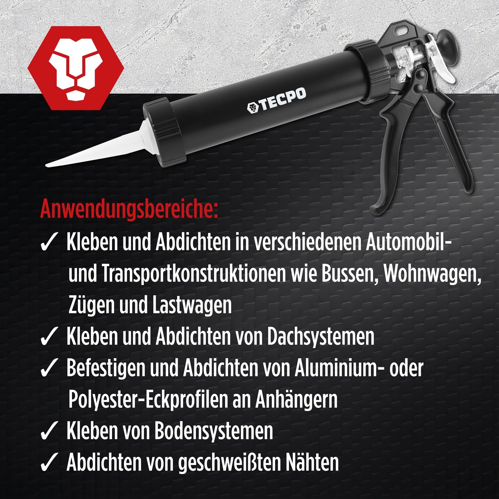 TECPO Klebe- und Dichtmasse, 10x 370g schwarz Karosseriekleber mit Skelett Kartuschenpresse