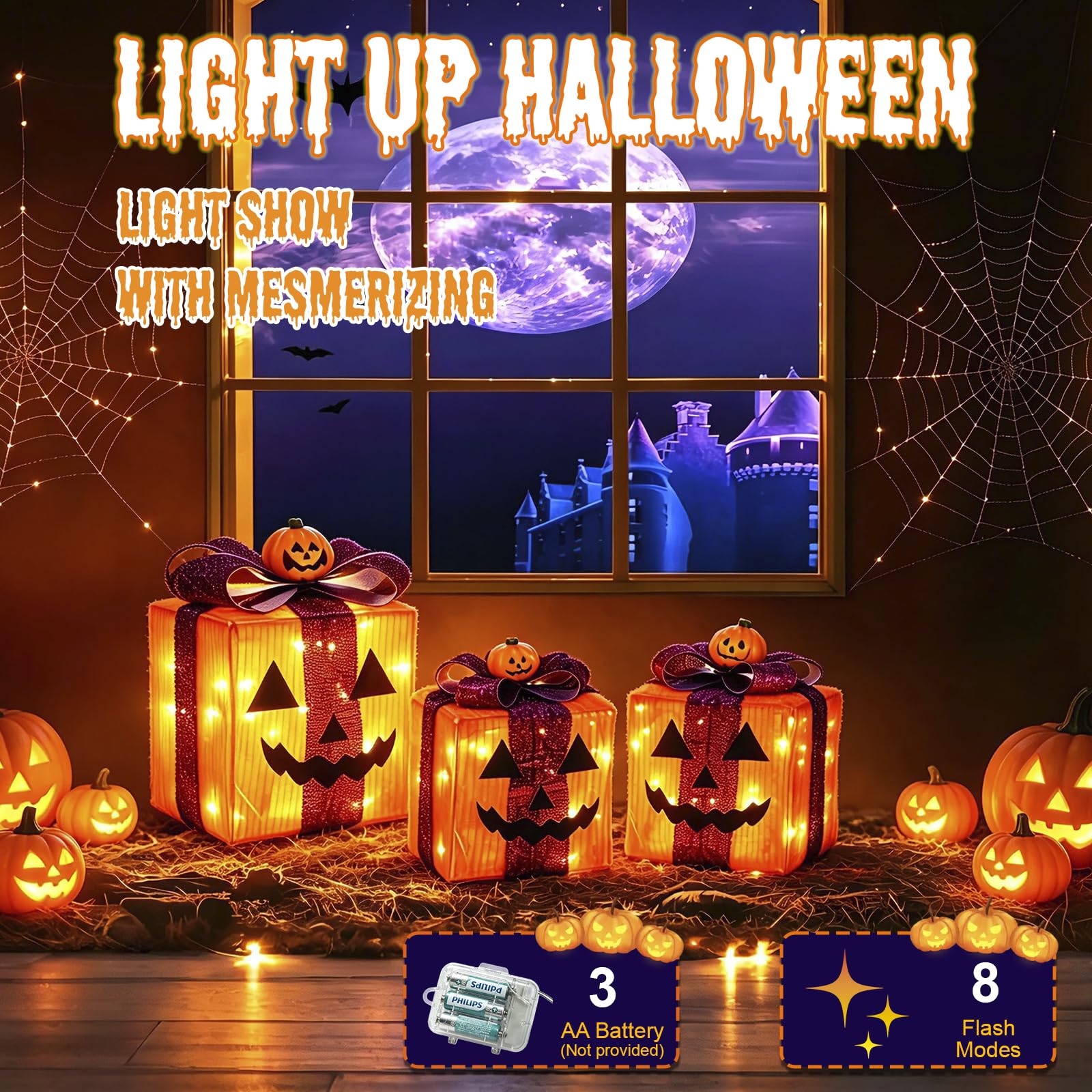 Scatole regalo di Halloween, decorazioni per luci, 3 pezzi, alimentate a batteria, con luci LED calde, per interni ed esterni, cortile, portico, giardino, decorazione