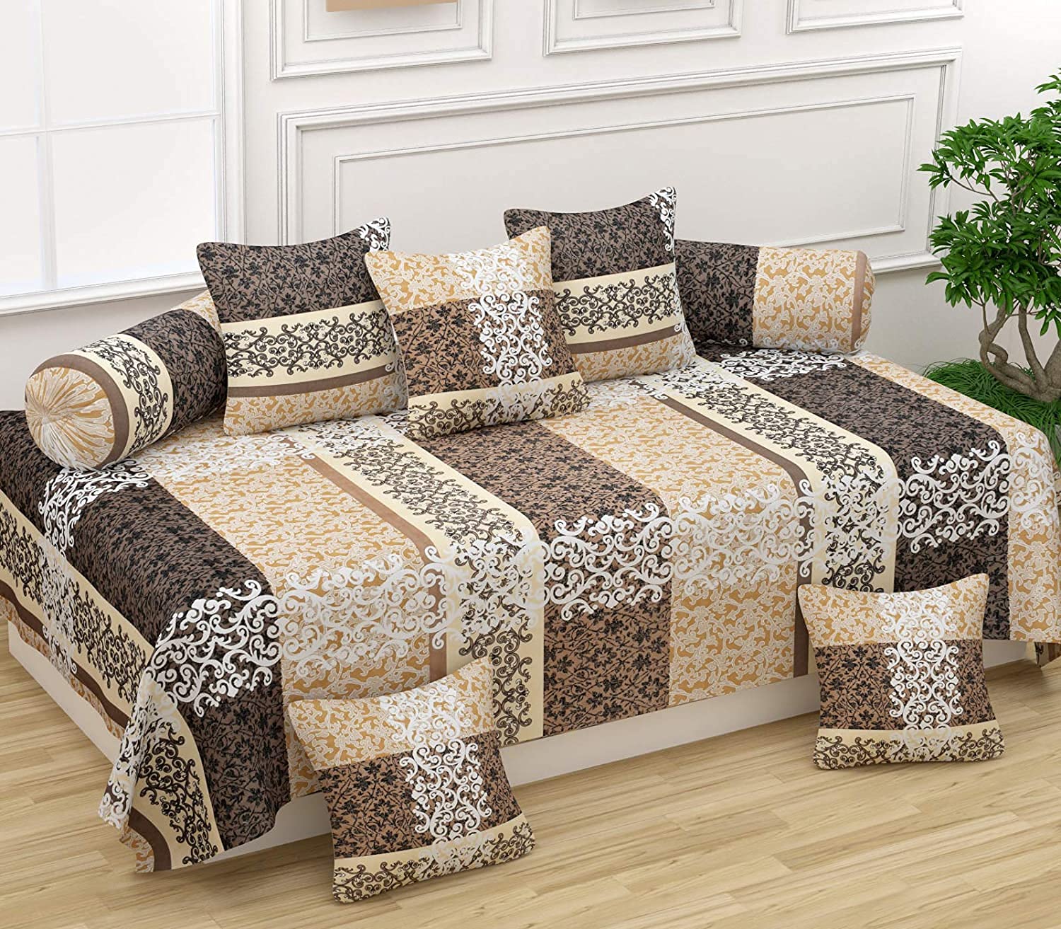 Hargunz Glace Cotton Printed Diwan Set Covers 8 Piece(1 Single diwan Sheet :: 2 Bolster Covers(16 x 32 inch) :: 5 Cushion Covers(16 x 16 inch))-DW8-image-6