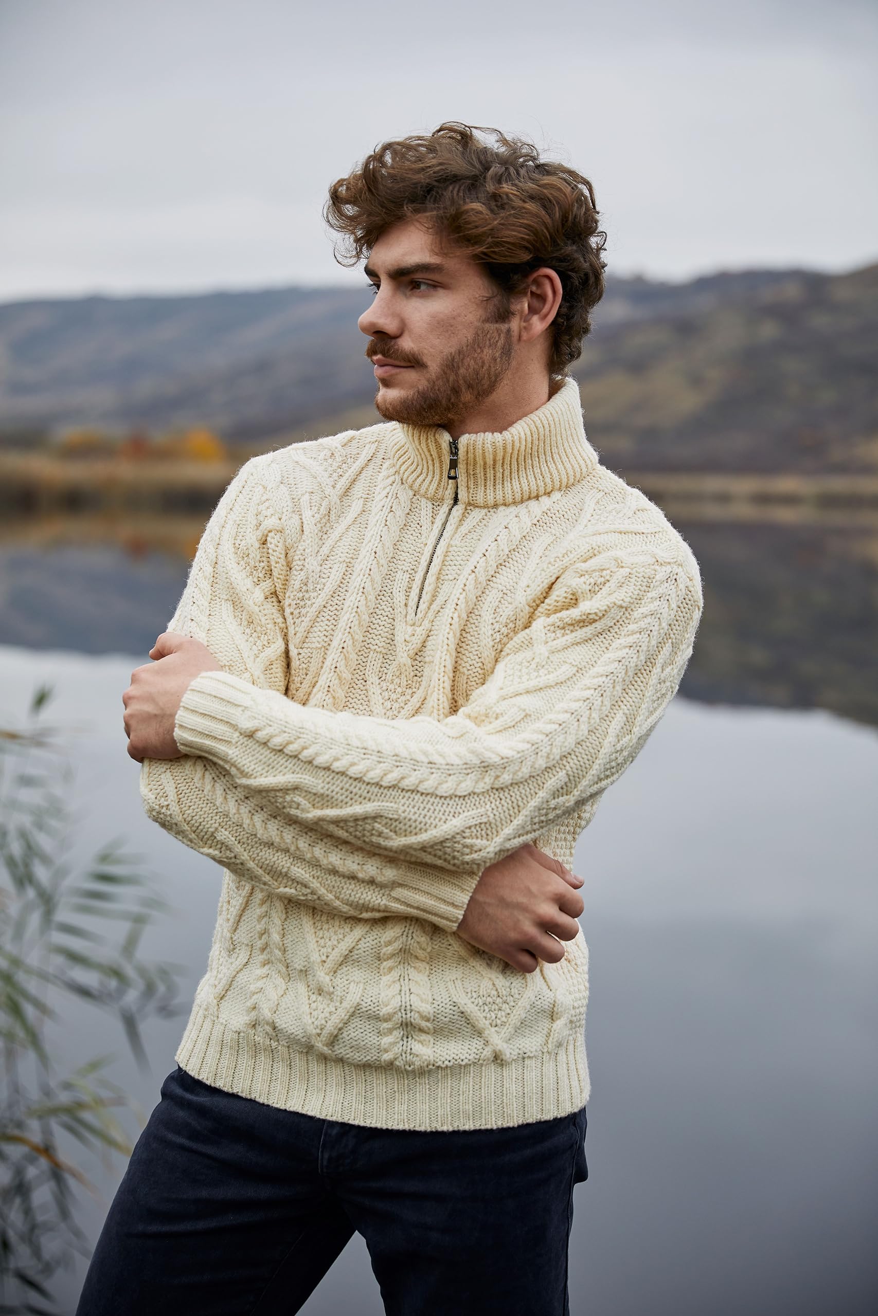 SAOL 100% Lana Merino para Hombre, Cuello con Cremallera, Pescador irlandés, Tejido de Cable, suéter al Aire Libre de Invierno