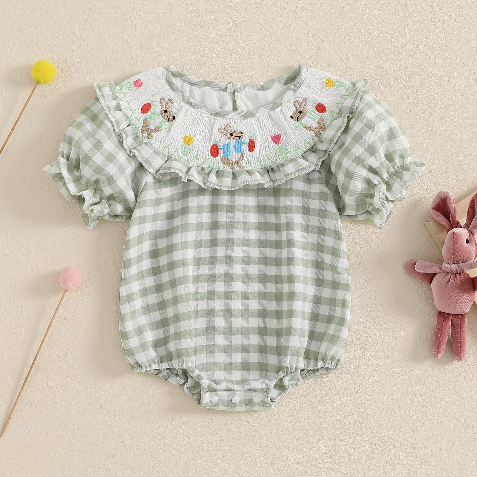 Adobabirl Baby Girl Easter Outfit Bunny Embroidery Smocked Bubble Romper Plaid Short Sleeve Bodysuit Cute Summer Clothes (Green Plaid Bunny, 3-6 Months)
