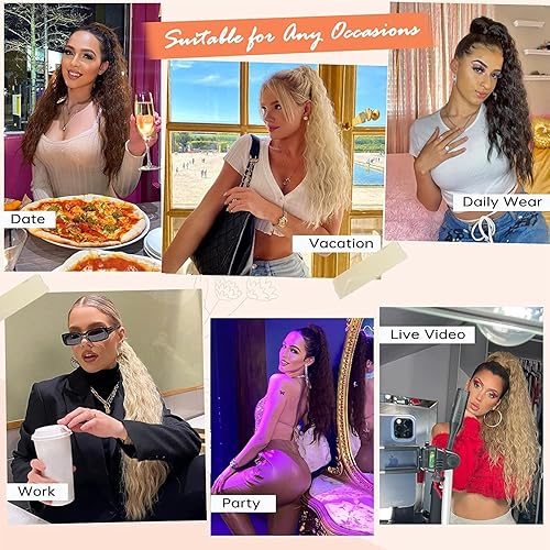Miniatura 6 de Rosooi Extensión de cola de caballo de 26 pulgadas de largo rubio con cordón para mujer extensiones de cabello sintético largo rizado y ondulado