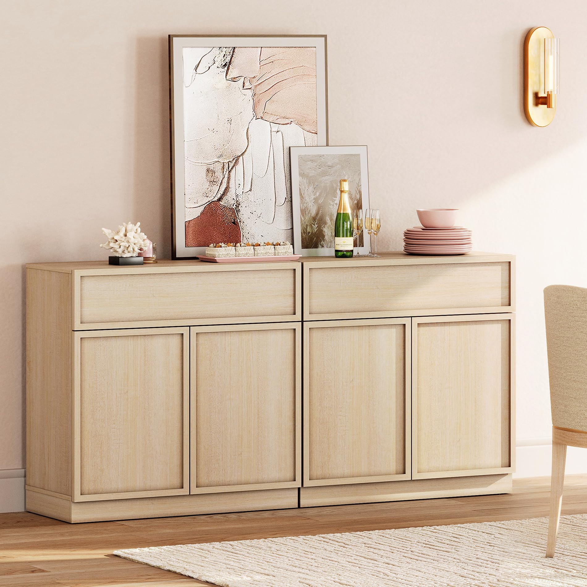 WAMPAT 63" Modern Sideboard Buffet Cabinet with 4 Doors and Drawers, Multifunctional Sideboard with Large Storage and Adjustable Shelf, Coffee Bar Storage Cabinet for Kitchen, Living Room, Beige